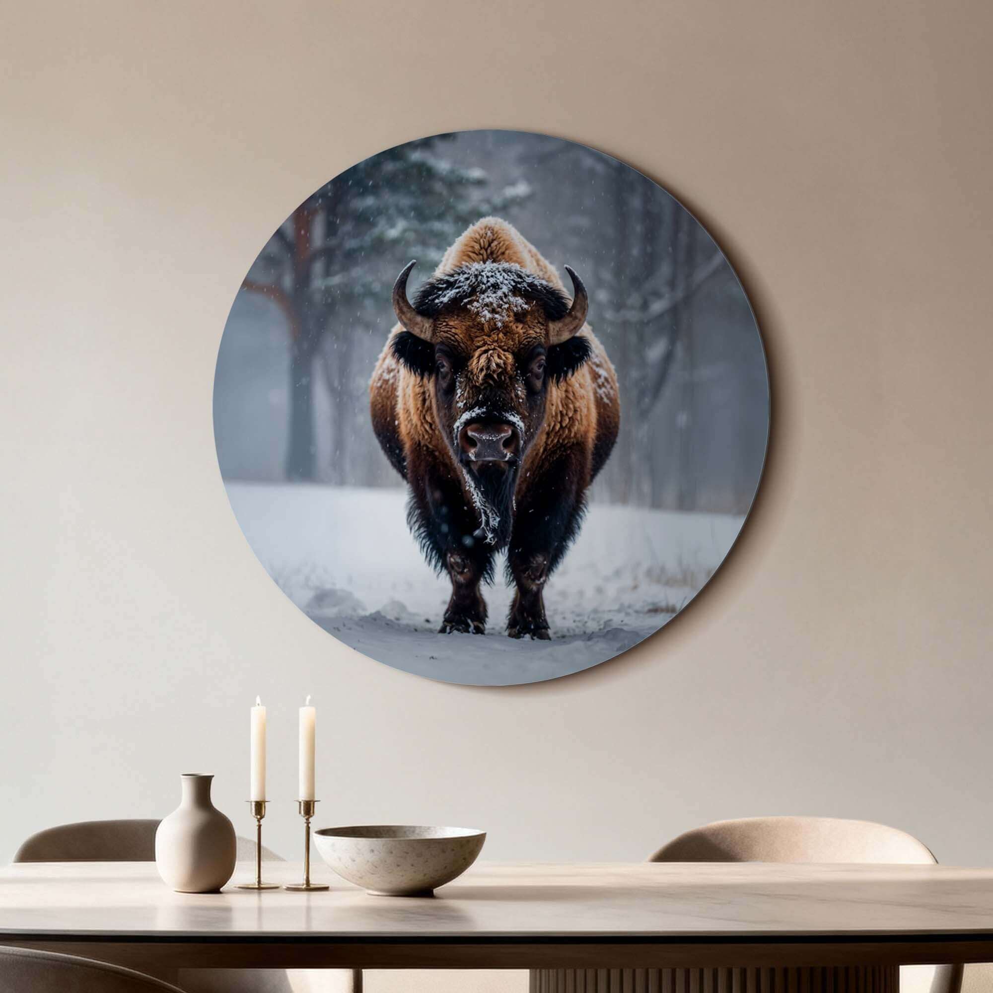Bison im Schnee - Wandkreis auf Aluminium-Dibond, starker Wandkreis für Küche oder Wohnzimmer, ideal für die Winterdekoration.
