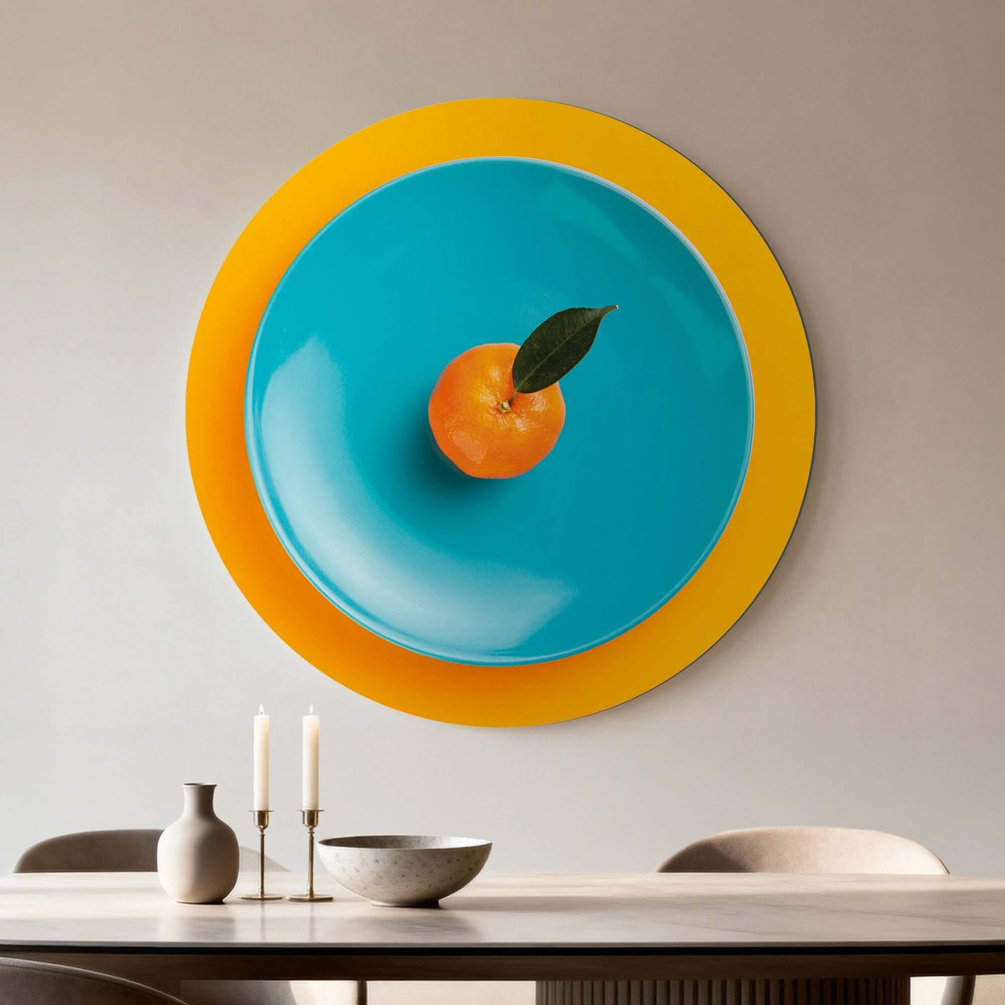 Citrus Pop Plate - Muurcirkel: kleurrijke muurcirkel, frisse mandarijn op turquoise bord, perfecte wandcirkel voor elke keuken, Muurcirkels.