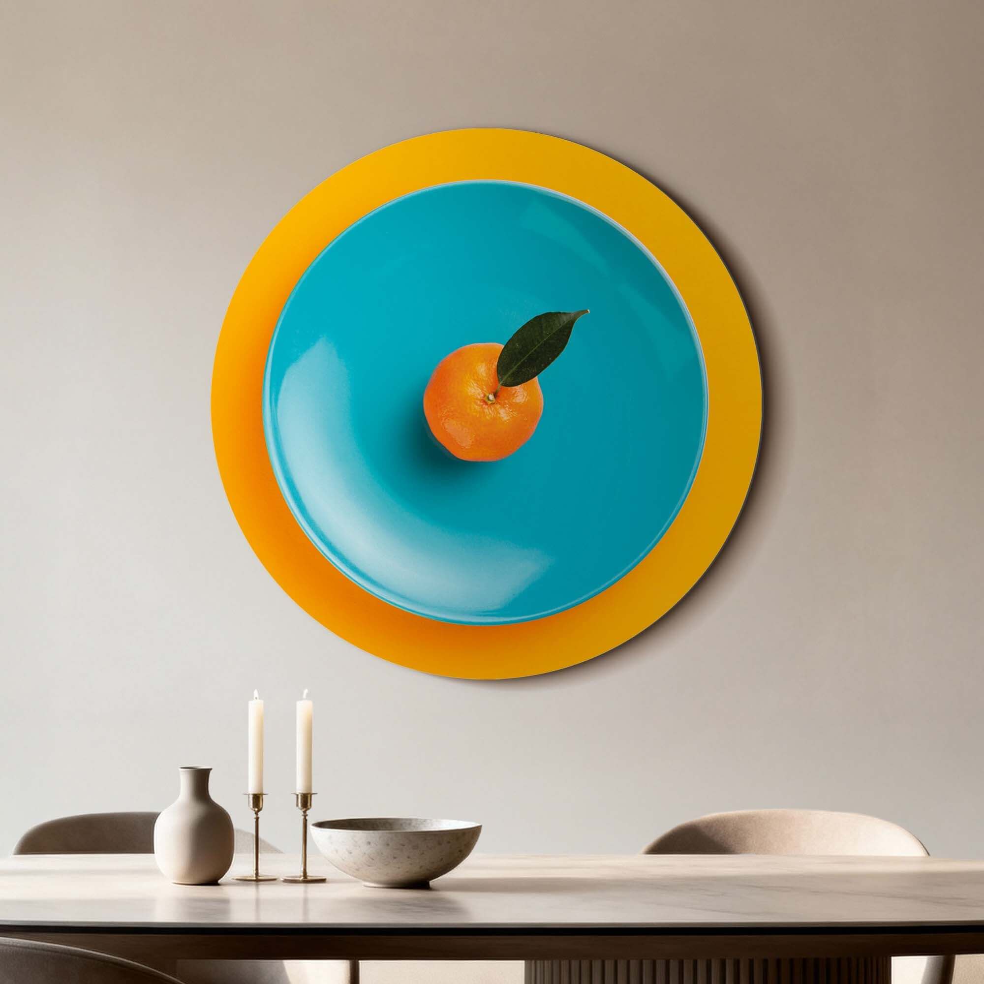 Citrus Pop Plate - Wall Circle: Verspielter Wandkreis mit Mandarine auf türkisfarbenem Teller, energetischer Blickfang für Küche oder Essbereich, Wall Circles.