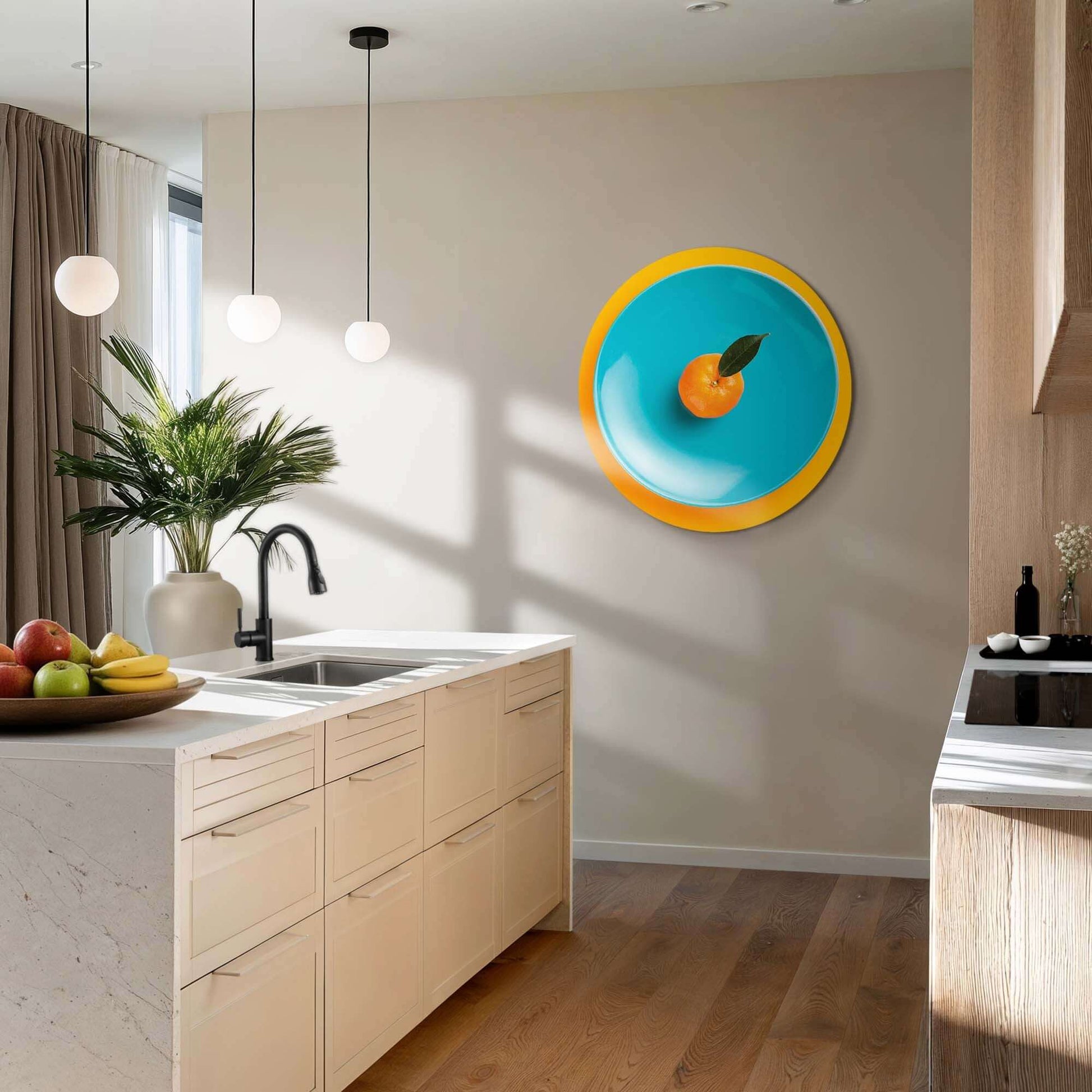 Citrus Pop Plate - Wall Circle: Verspielter Wandkreis mit Mandarine auf türkisfarbenem Teller, ein farbenfroher Wandkreis für jede Küche.