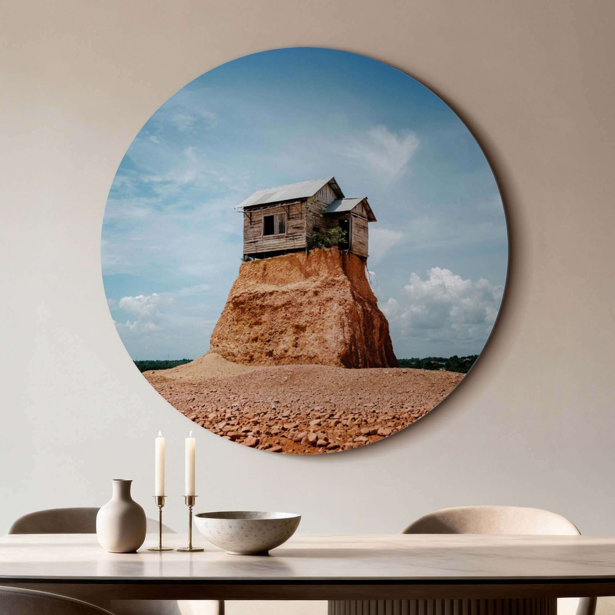 Cliff Beacon - Mauerkreis mit verwittertem Holzhaus auf einem Felsen, strahlt Ruhe und zeitlose Schönheit aus.