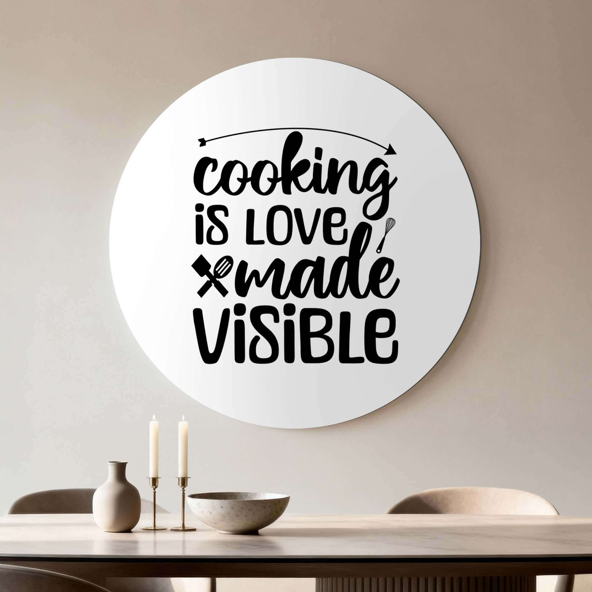 Cooking Made Visible - Muurcirkel met de tekst 'Cooking is love made visible', stijlvolle muurdecoratie voor keuken of eetruimte.