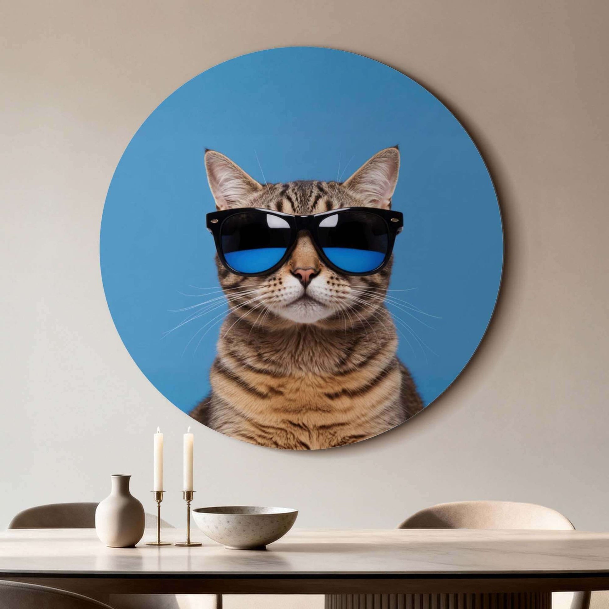 Cool Cat Vibes - Wandkreis einer Katze mit Sonnenbrille auf einem modernen Wandkreis.