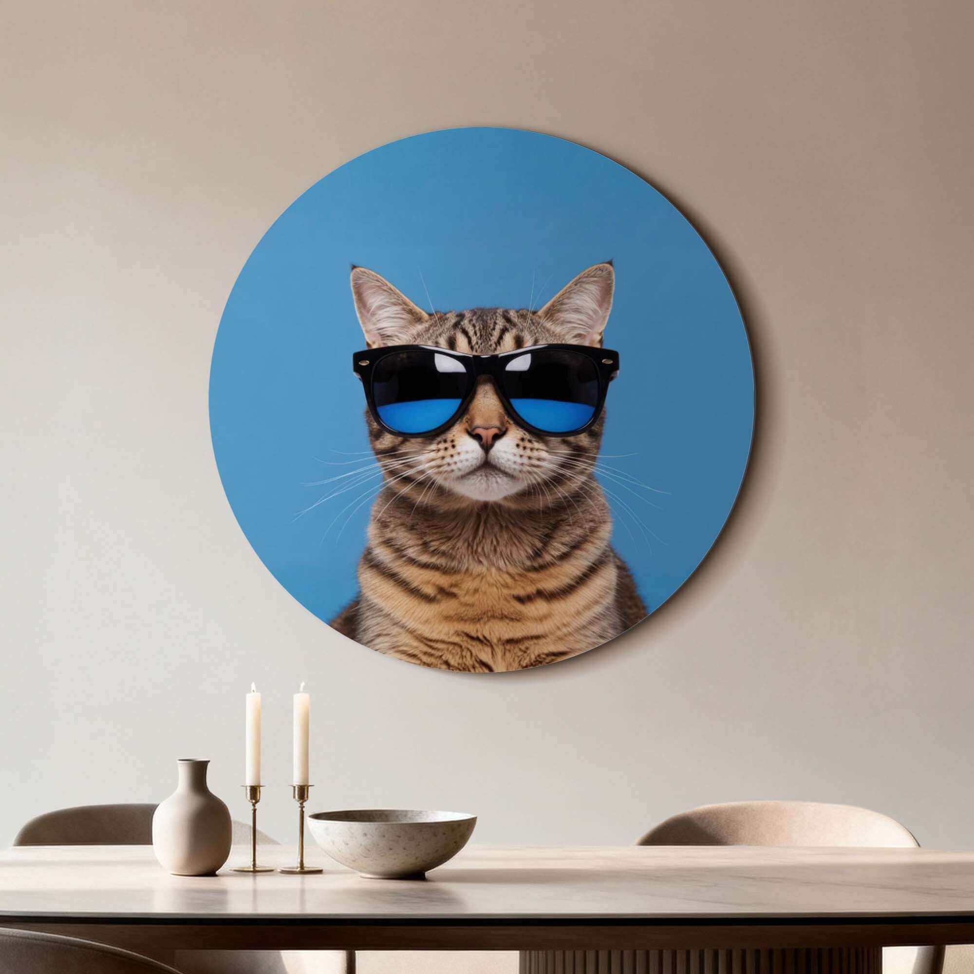 Cool Cat Vibes - Wandkreis mit einer Katze mit Sonnenbrille auf blauem Hintergrund, perfekt für moderne Innenräume.