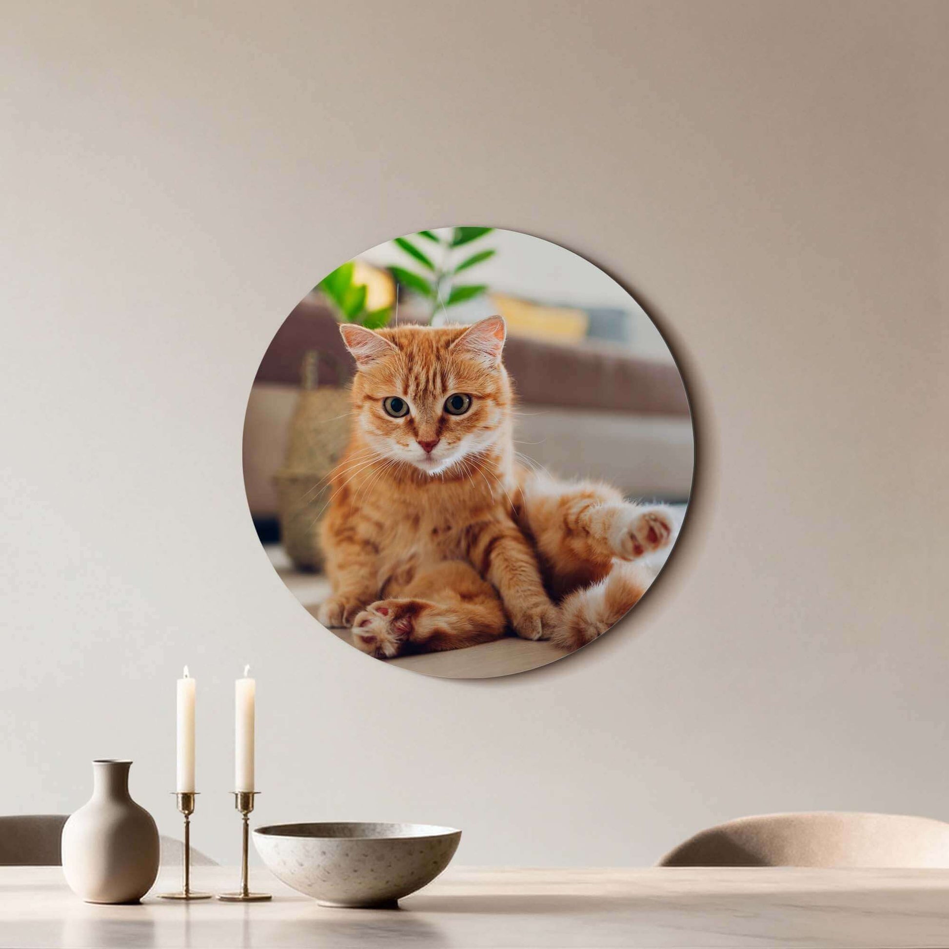 Cozy Charm - Wandkreis mit Bild einer entspannten Katze, perfekt für die Inneneinrichtung.