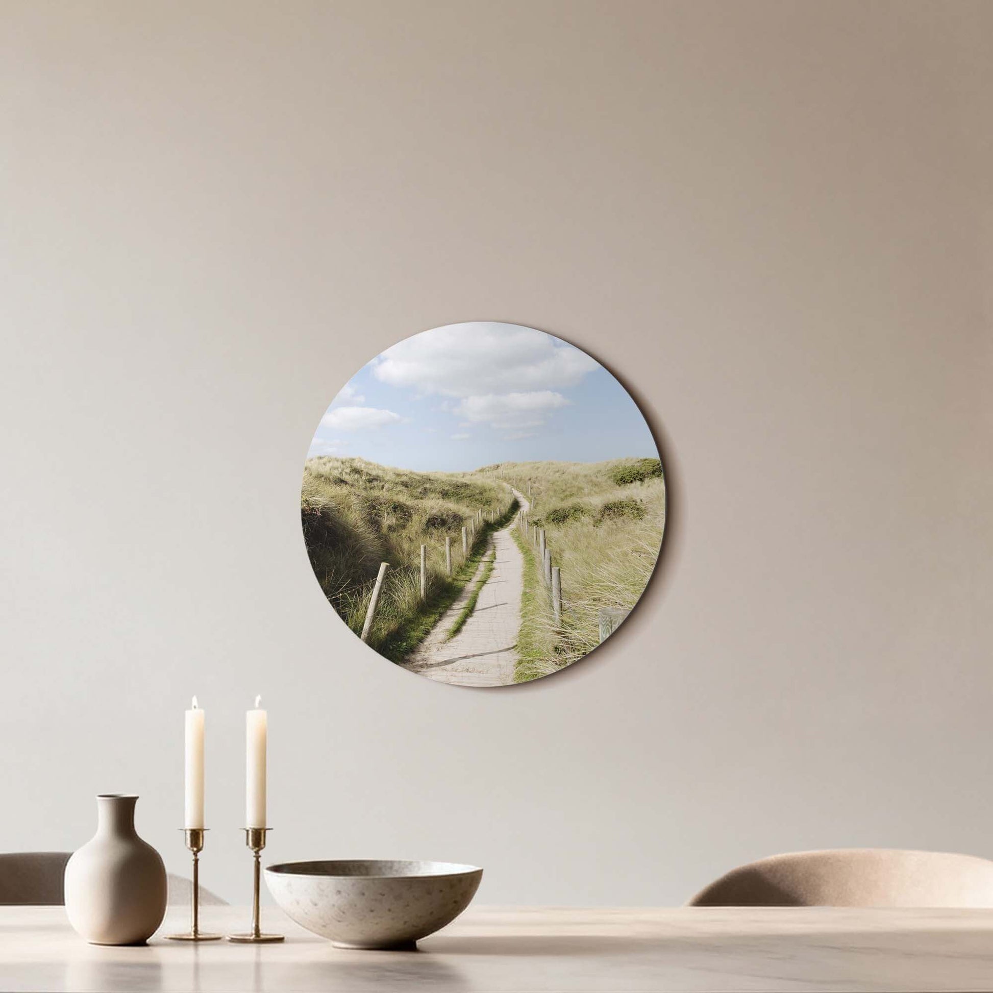 Dune Path - Wandkreis eines friedlichen Dünenpfads zum Meer, perfekt für Ihr Interieur.