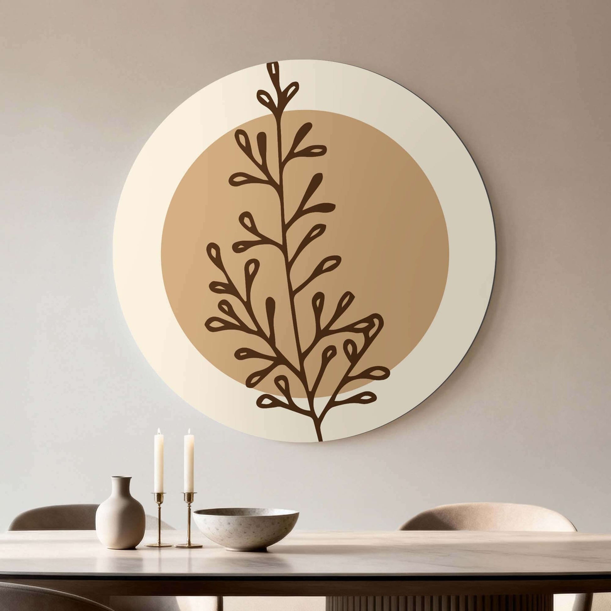 Earthy Branch Form - Muurcirkel in warme aardetinten, minimalistische wandcirkel perfect voor moderne keuken of eetkamer inrichting.
