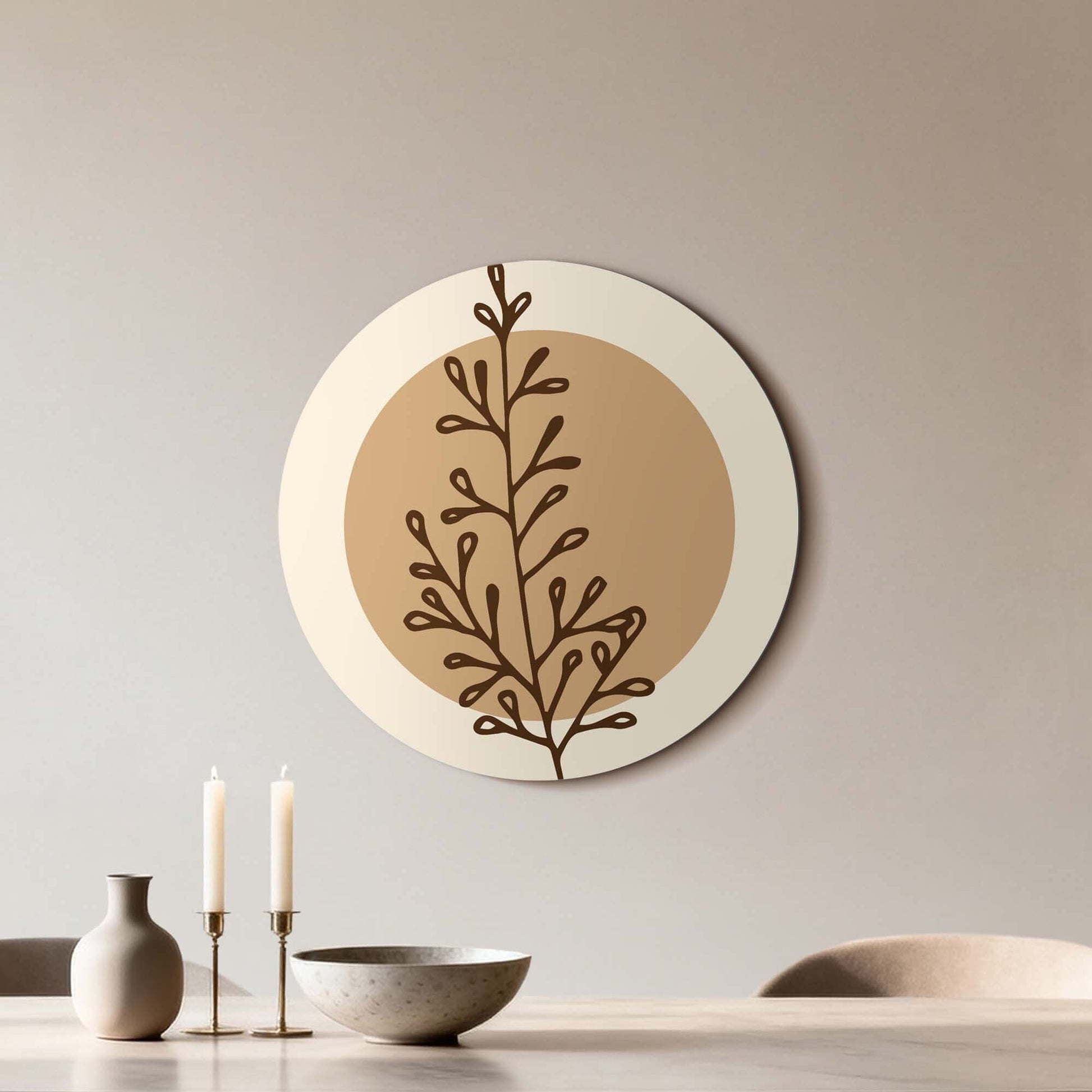 Earthy Branch Form - Muurcirkel: Een minimalistische muurcirkel met warme aardetinten en organische takvorm. Perfect voor moderne keukens.