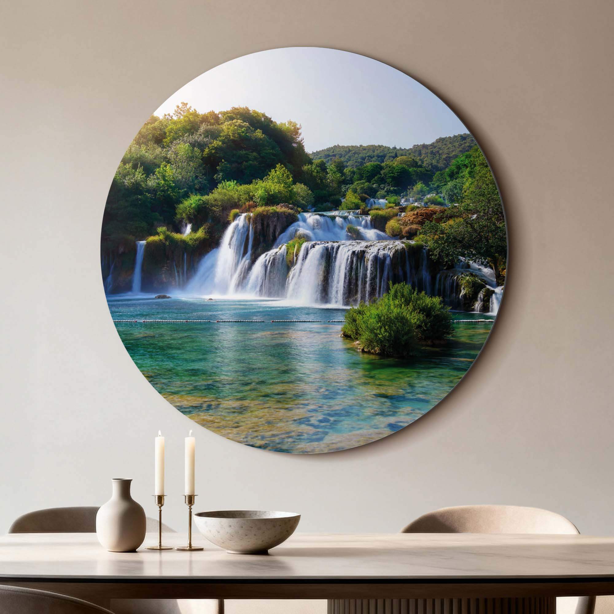 Emerald Falls - Wandkreis mit türkisfarbenem See und Wasserfällen. Perfekte heitere Wand Kreis für Küche oder Esszimmer. Wandkreise Dekoration.
