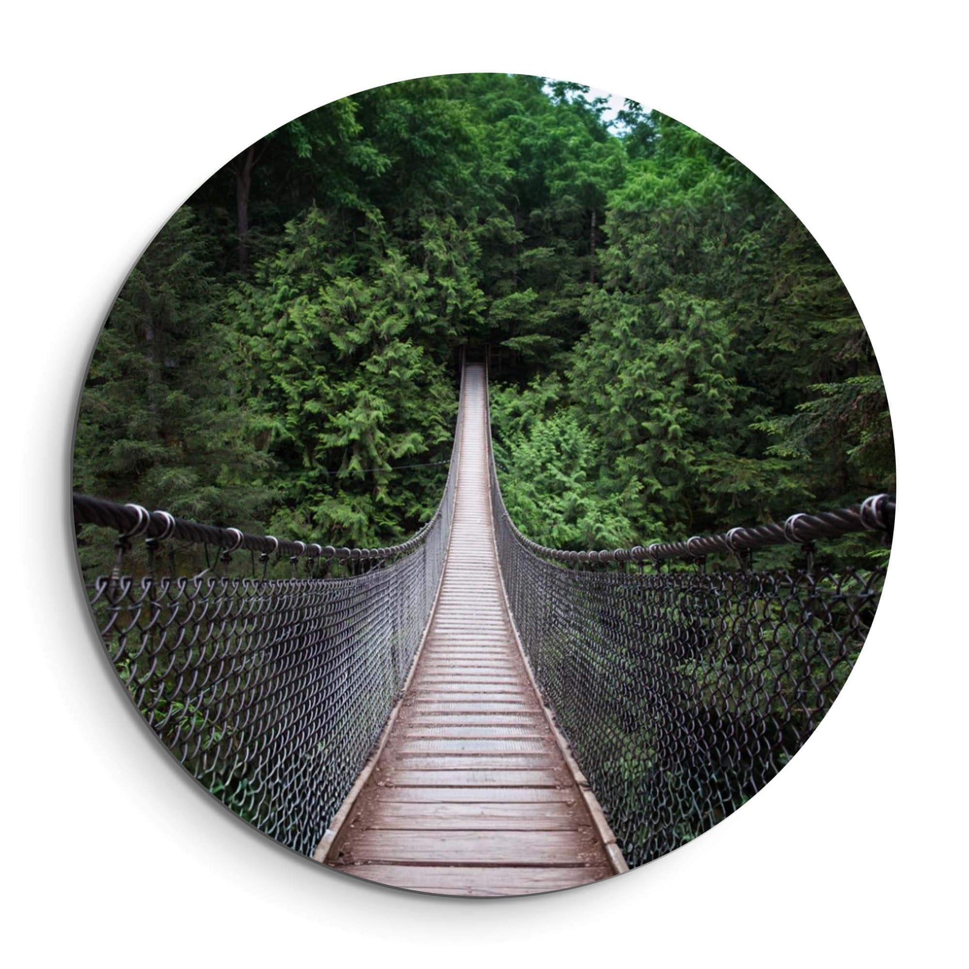 Forest Crossing - Wandkreis einer hölzernen Hängebrücke im grünen Wald, ein abenteuerlicher Wandkreis.