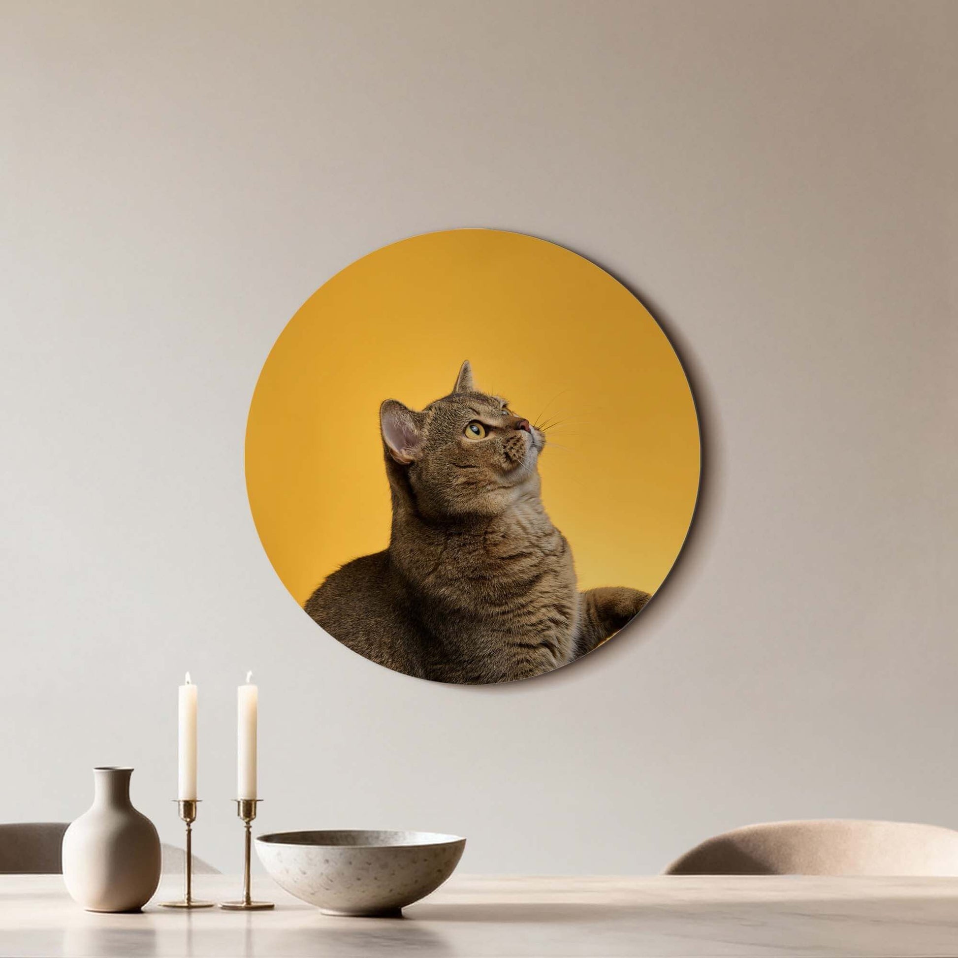 Golden Stretch – Muurcirkel van een kat op een gouden achtergrond, perfect als wanddecoratie.