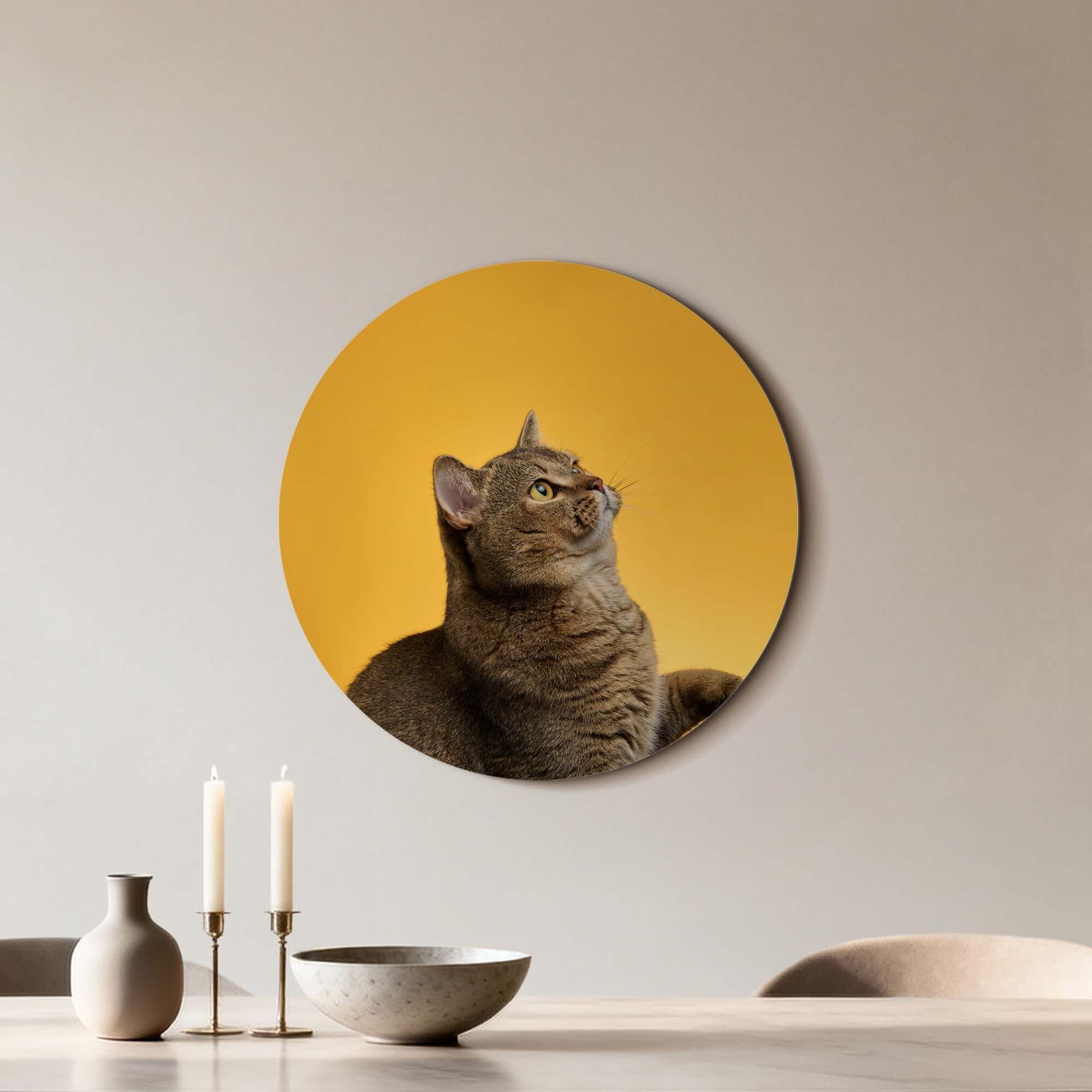 Golden Stretch – Muurcirkel van een kat op een gouden achtergrond, perfect als wanddecoratie.