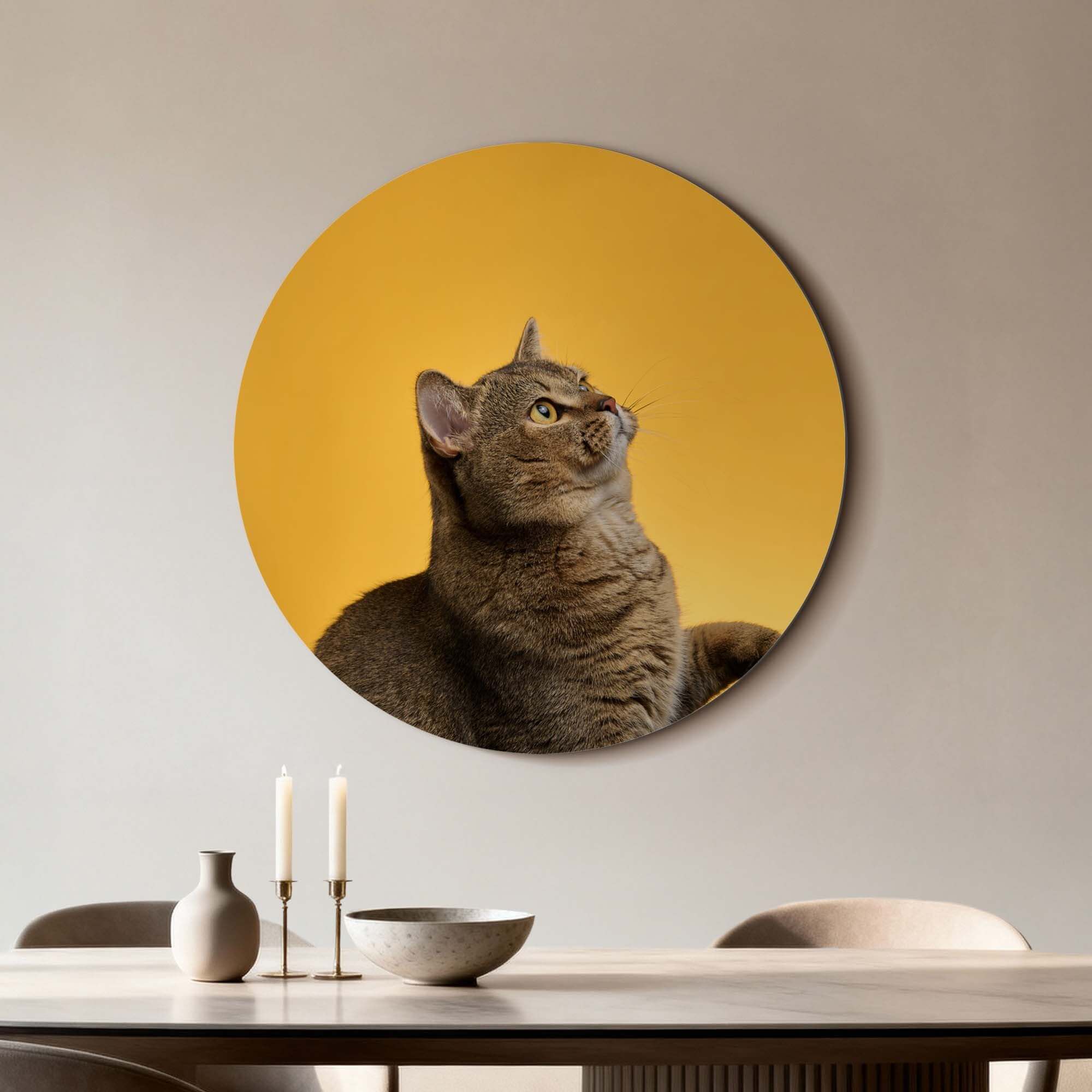 Golden Stretch – Muurcirkel met een kat op een gouden achtergrond, perfect voor elegante wanddecoratie.