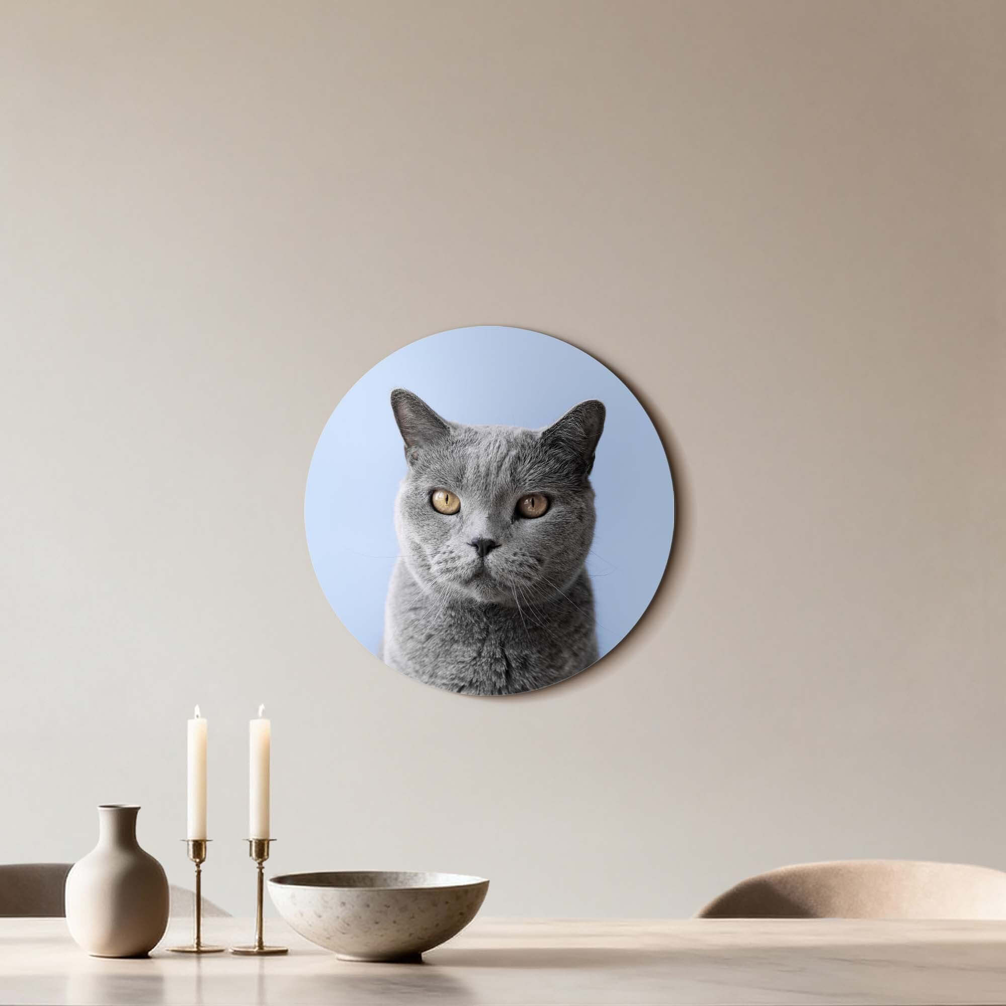 Misty Mood – Muurcirkel van een grijze kat op een zachte blauwe achtergrond, perfect voor moderne wanddecoratie.