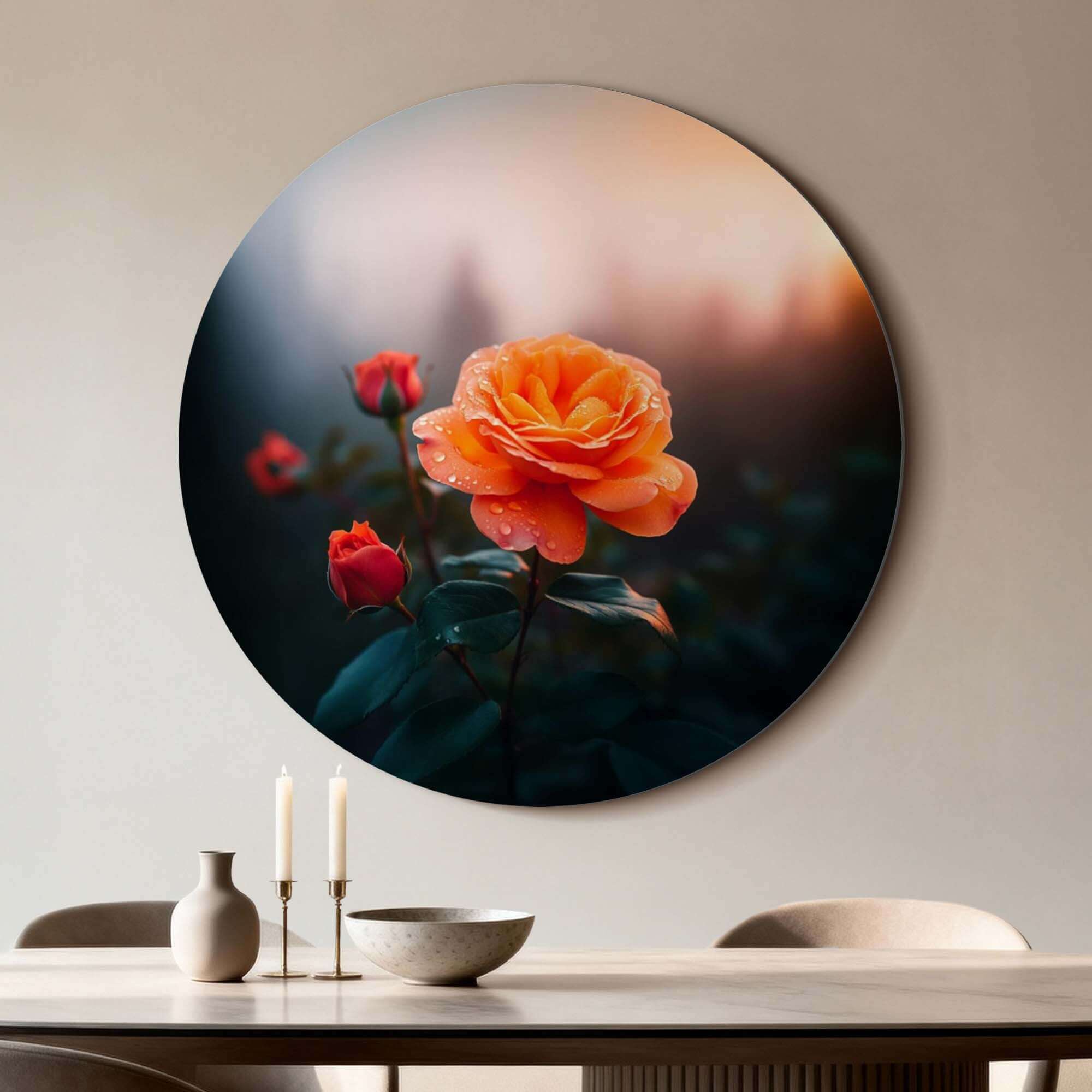 Ochtendroos – Muurcirkel met warme oranje roos in zacht ochtendlicht, perfect voor elke keuken of eetkamer.