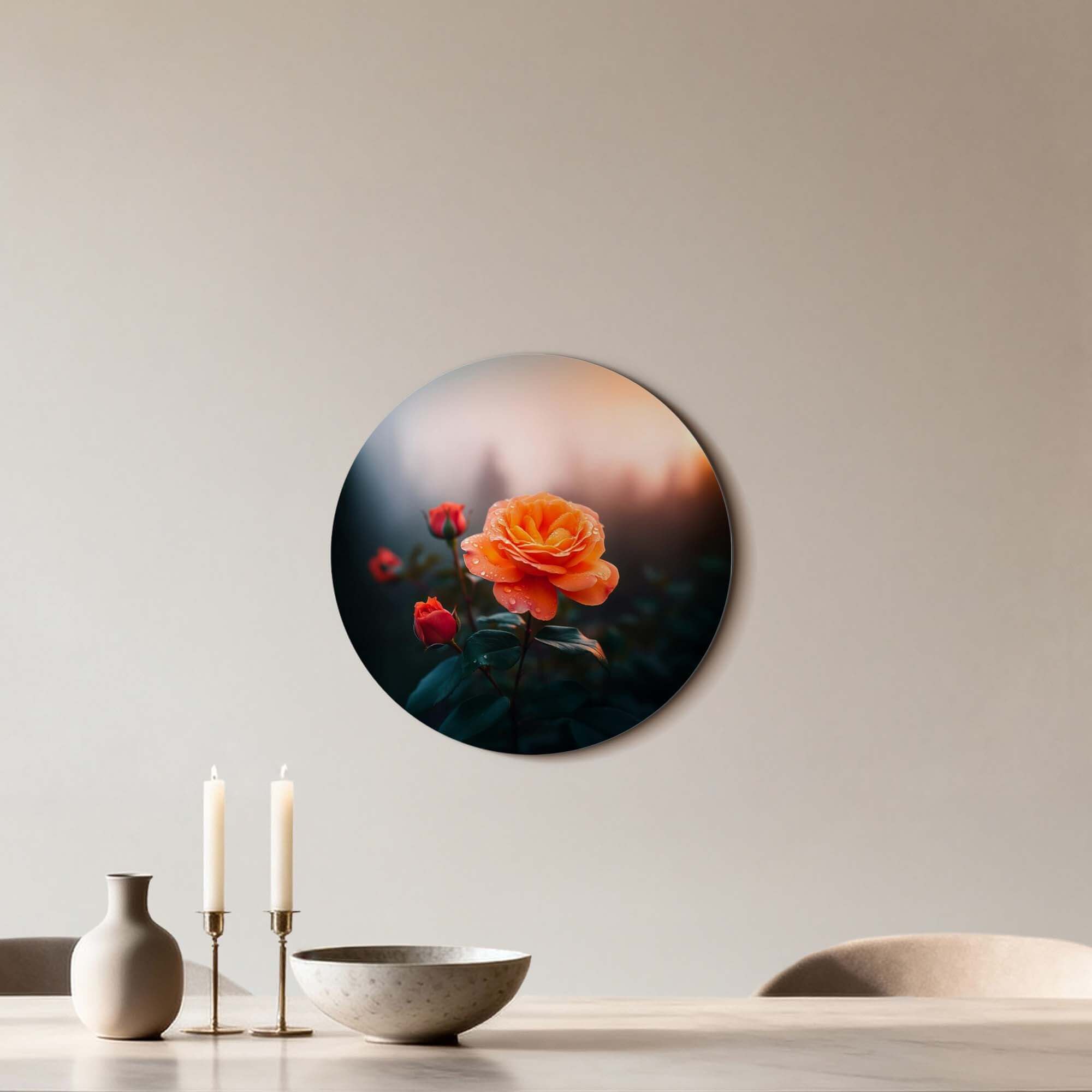 Ochtendroos – Muurcirkel, warme oranje roos in ochtendlicht, wandcirkel voor elegante keuken of eetkamer.