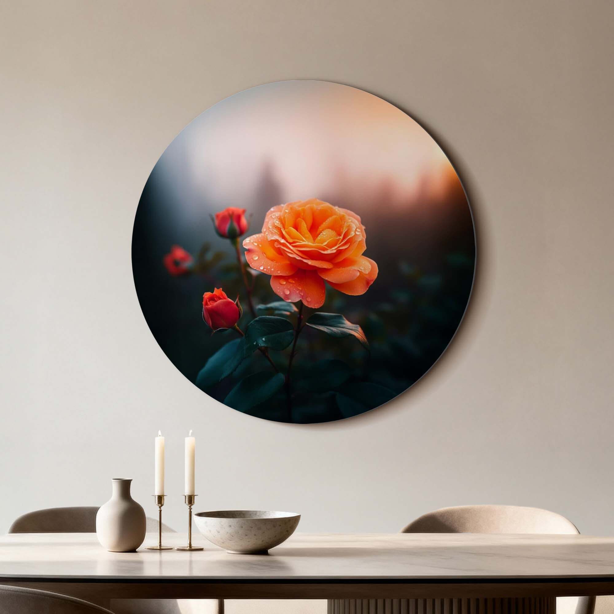 Ochtendroos – Muurcirkel, warme oranje roos in ochtendlicht, perfect voor keuken of eetkamer decoratie.