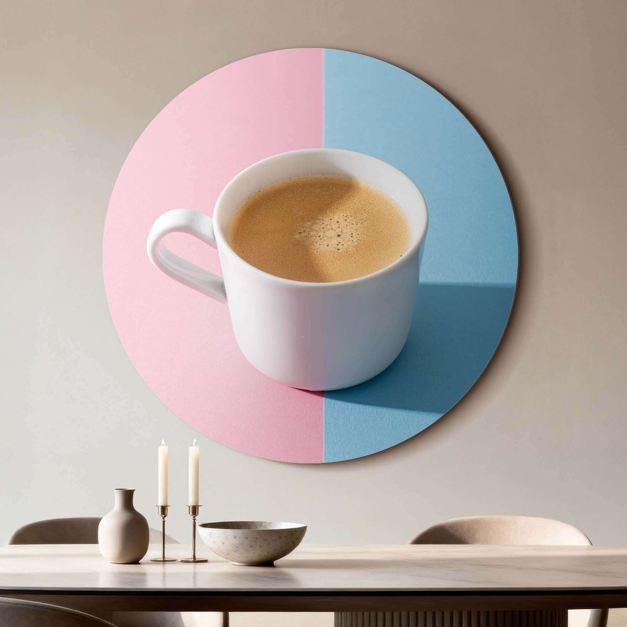 Pastel Coffee Moment - Muurcirkel met kop versgezette koffie op een pastelachtergrond in een moderne keuken, wandcirkel decor.