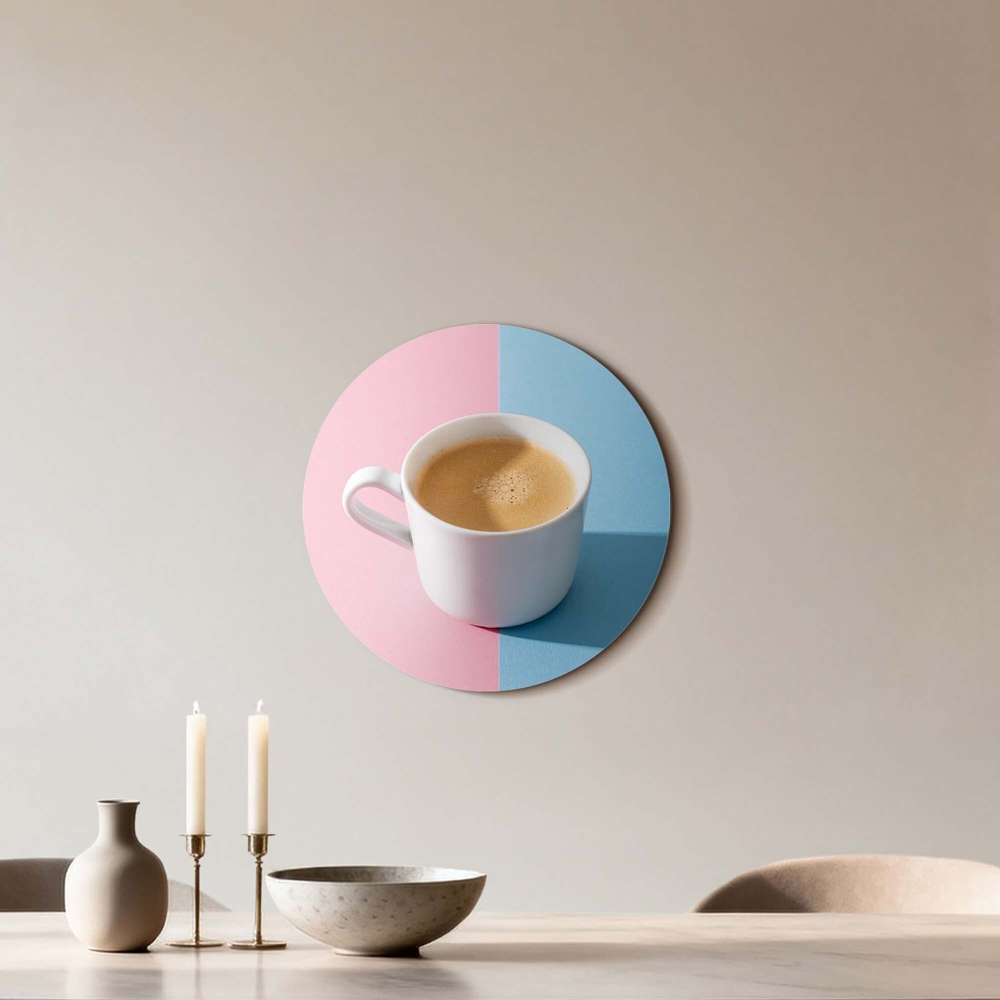 Pastel Coffee Moment - Muurcirkel met kop koffie op pastel achtergrond, moderne wanddecoratie voor keuken of koffiehoek, Muurcirkels
