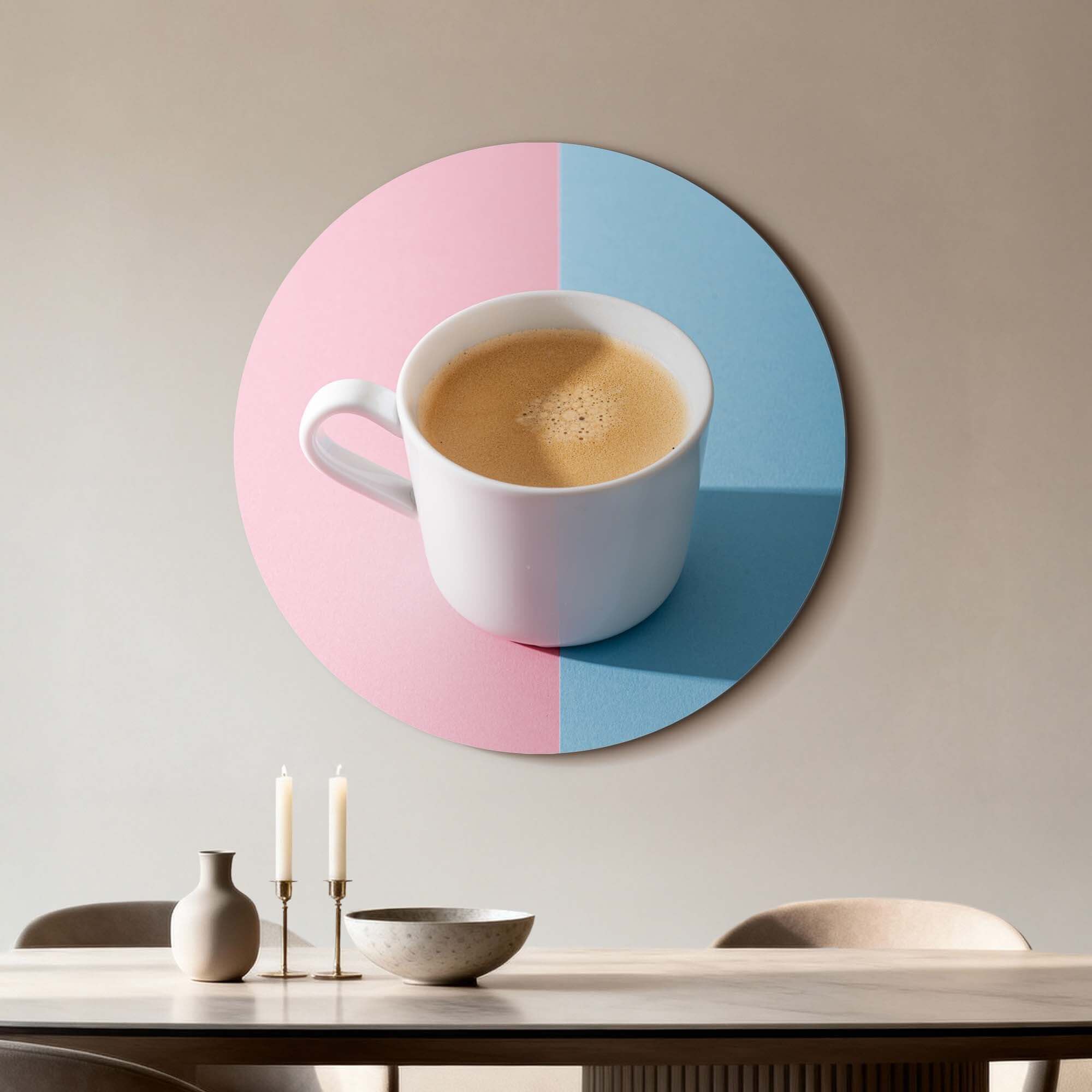 Pastel Coffee Moment - Muurcirkel in moderne keuken met versgezette koffie tegen pastelachtergrond, ideaal voor Muurcirkels.