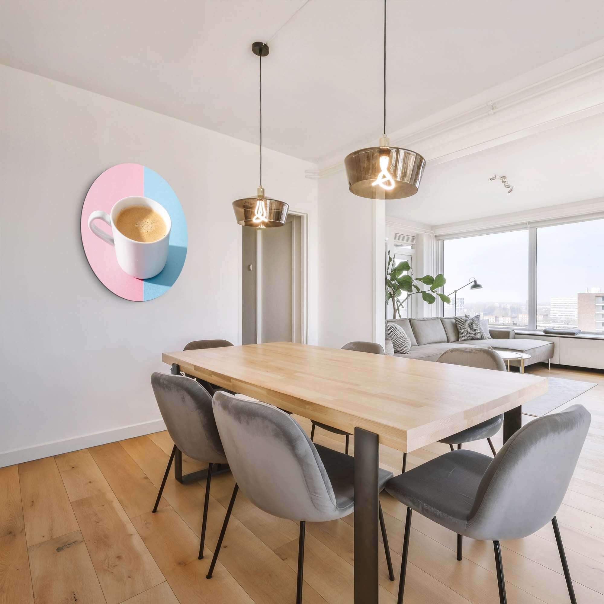 Pastel Coffee Moment - Muurcirkel adorns a modern dining room wall, illustrating a coffee cup on a playful pastel background; perfect for kitchens.