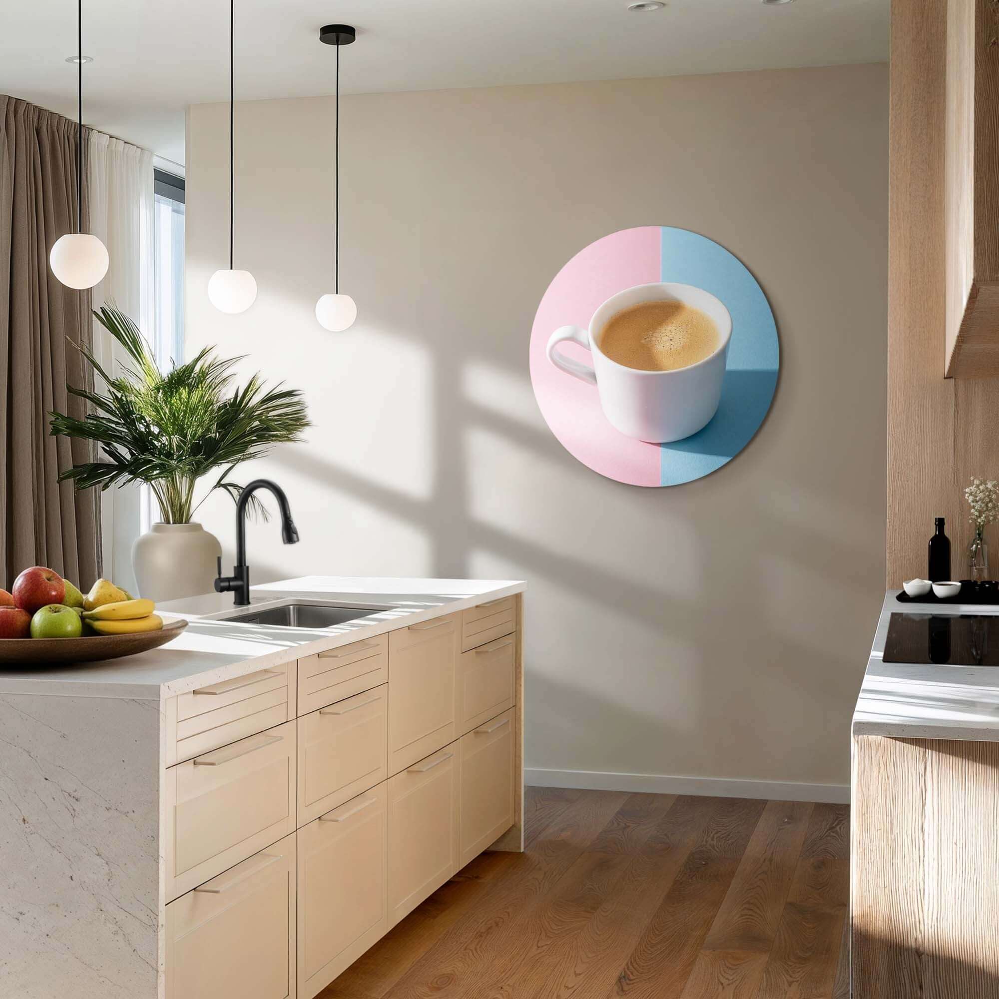 Pastel Coffee Moment - Muurcirkel: zachte wandcirkel met koffie op pastelachtergrond, perfect voor moderne keukens en koffiehoeken.