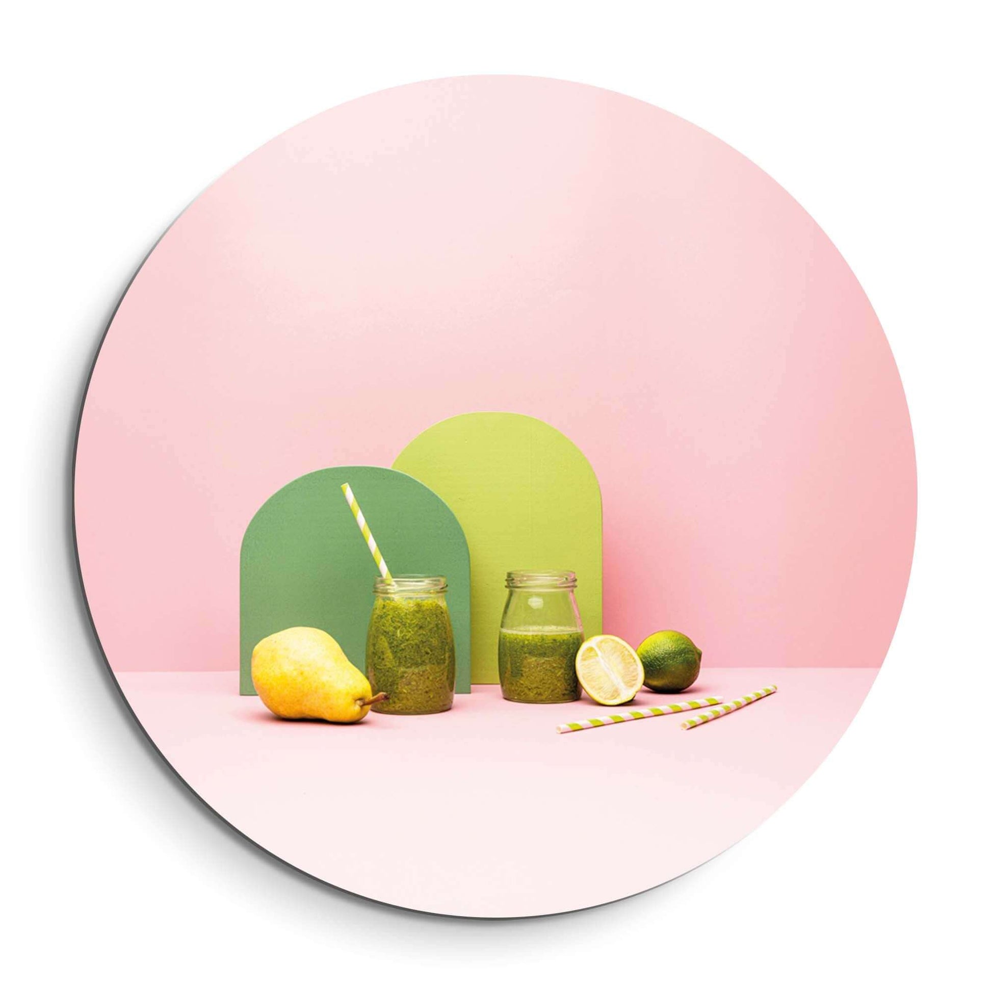 Pear Lime Blend - Muurcirkel met frisse peer, limoen, kleurrijke pasteltinten: energie voor uw keuken. Muurcirkels decoratie.