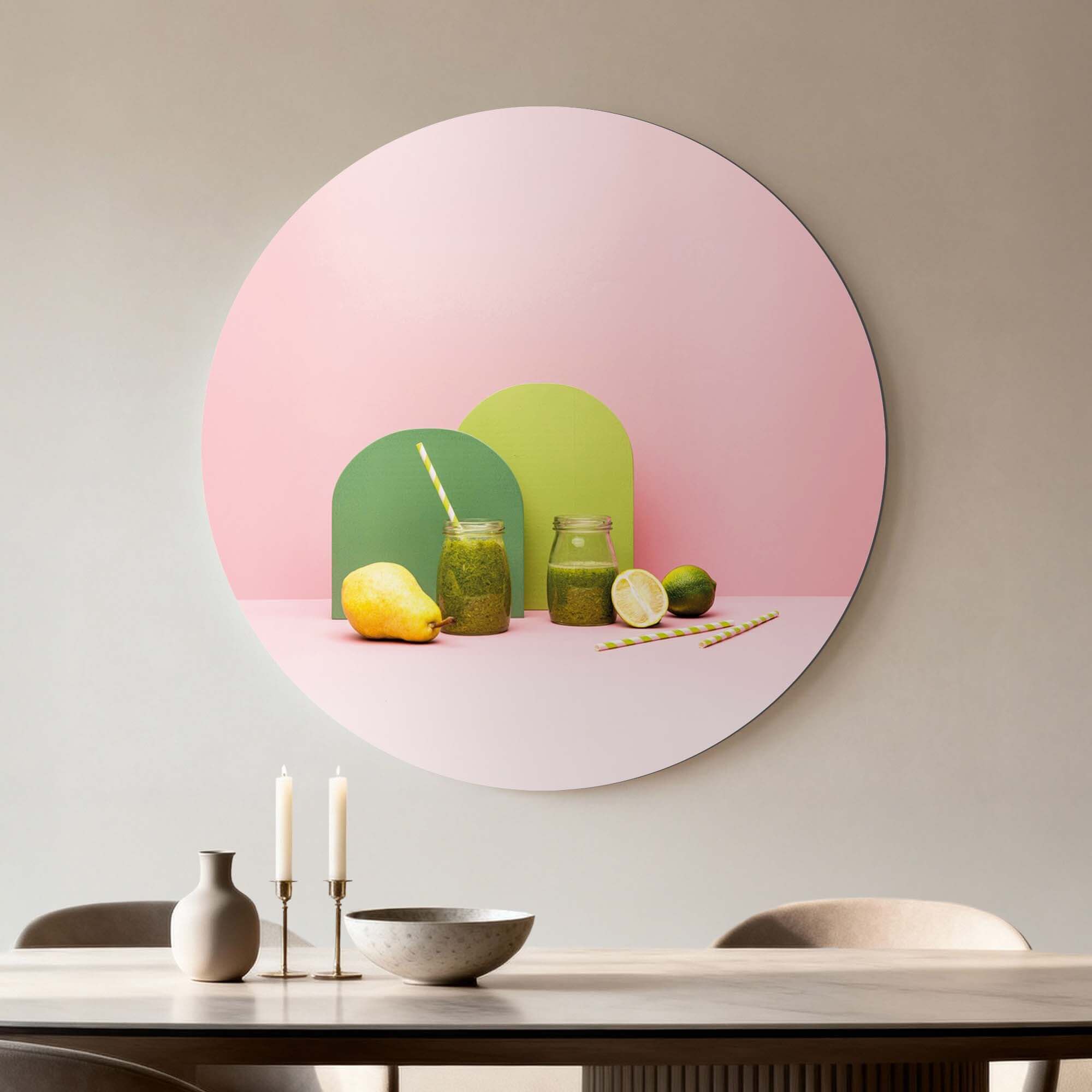 Pear Lime Blend - Muurcirkel frisse keukenprint met peer en limoen, perfect voor extra kleur in keuken. Inclusief Muurcirkels en Wandcirkel.