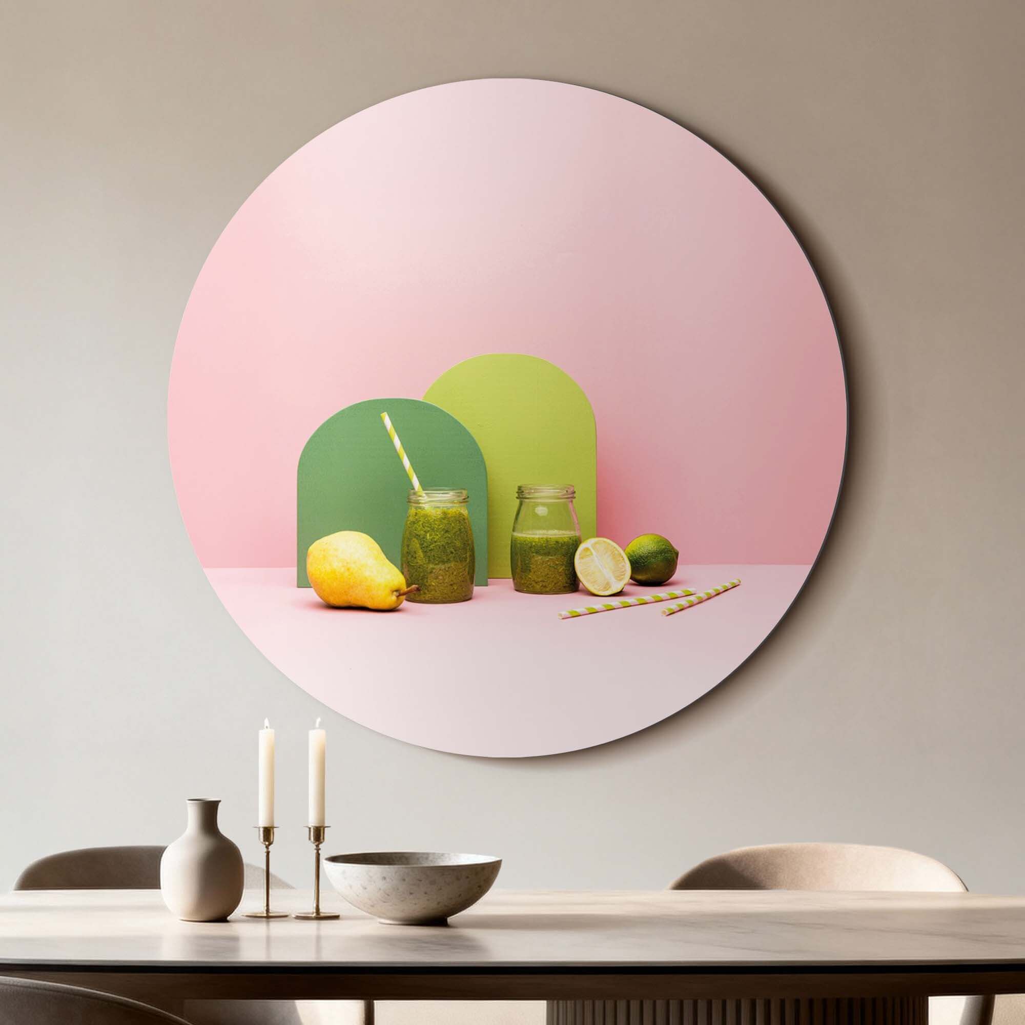 Pear Lime Blend - Muurcirkel met vrolijke keukenprint van peer en limoen in pastelkleuren, ideale Muurcirkels en Wandcirkel voor keuken.