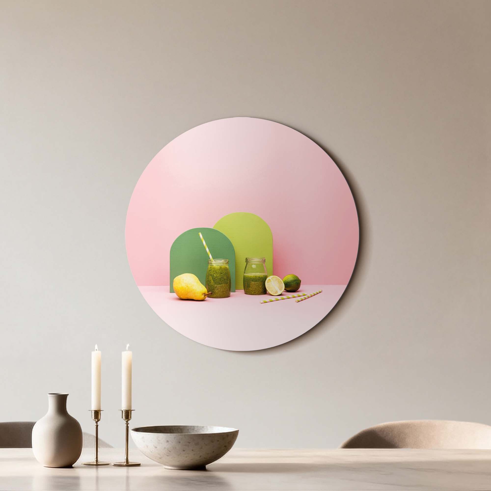Pear Lime Blend - Muurcirkel keukendecoratie met peer, limoen en pastelkleuren, energie en kleur voor je muur. Muurcirkels voor keuken en eetkamer.