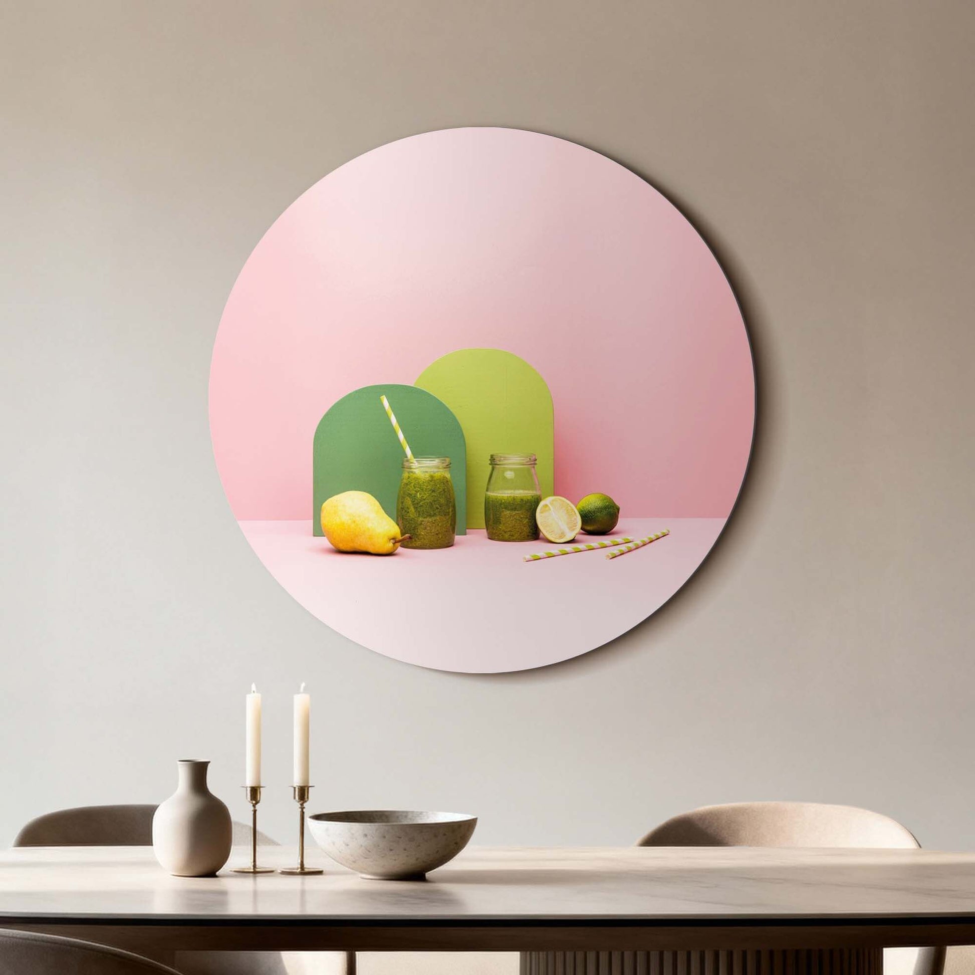 Pear Lime Blend - Muurcirkel met frisse keukenprint van peer en limoen, ideaal voor kleur in de keuken. Muurcirkels en Wandcirkel decor.