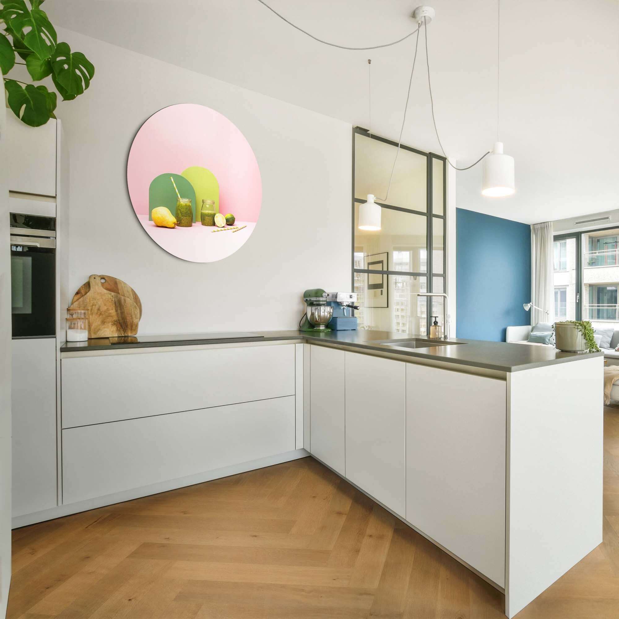 Pear Lime Blend - Muurcirkel keukenprint met peer en limoen in pastelkleuren. Perfecte energieke en kleurrijke wanddecoratie.