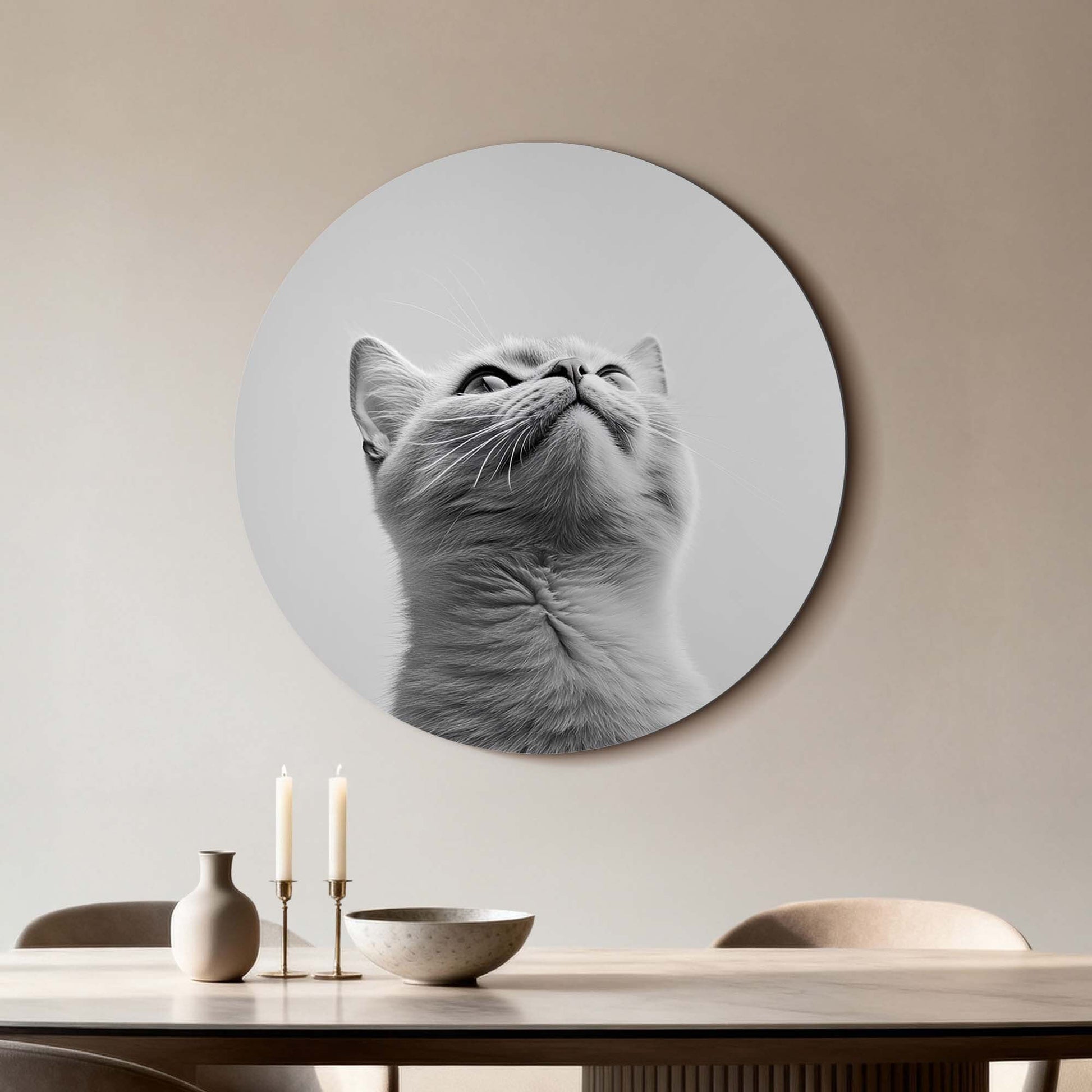 Silver Whisker – Muurcirkel met elegante grijze kat op hoogwaardig dibond, perfecte muurdecoratie.