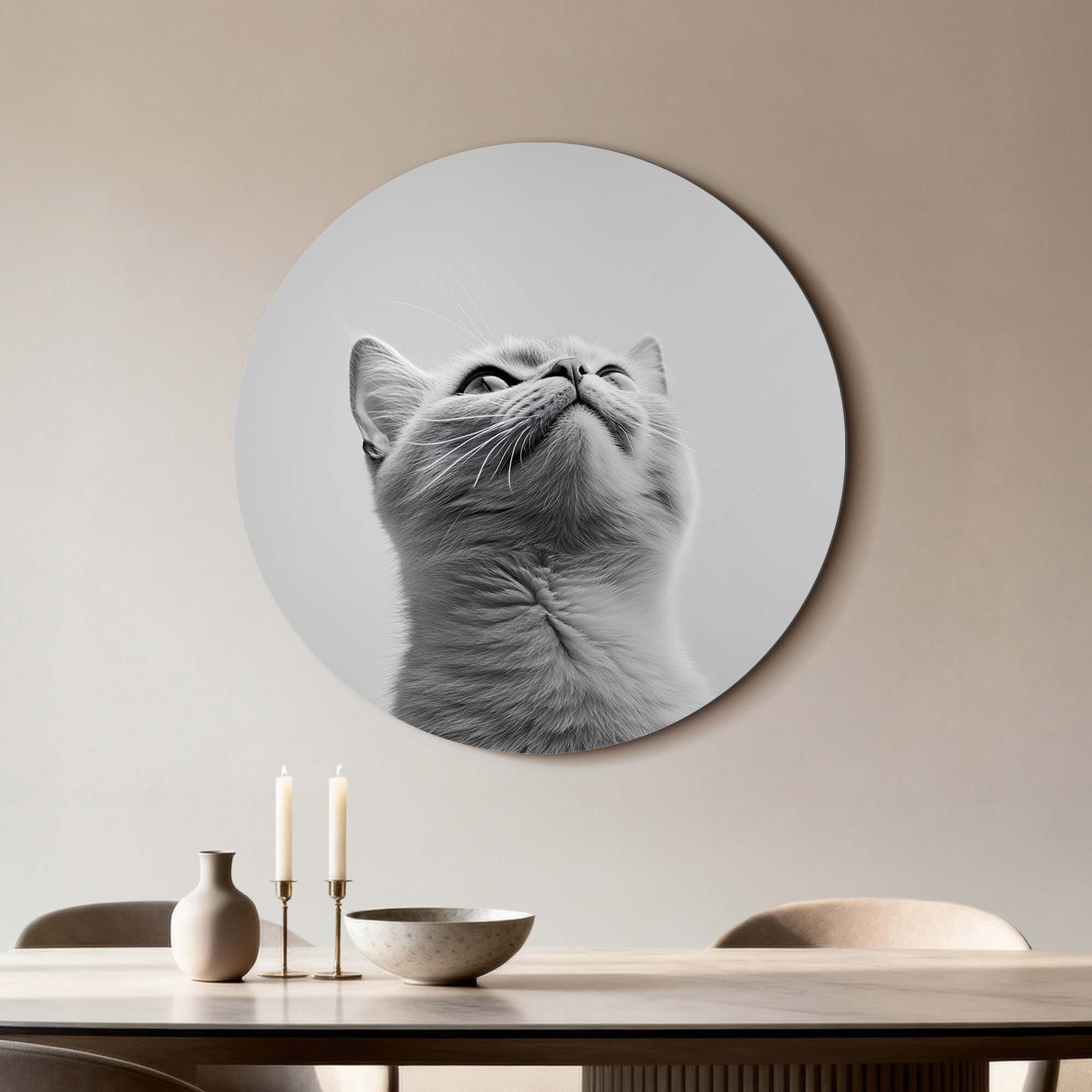 Silver Whisker – Muurcirkel met elegante grijze kat op hoogwaardig dibond, perfecte muurdecoratie.