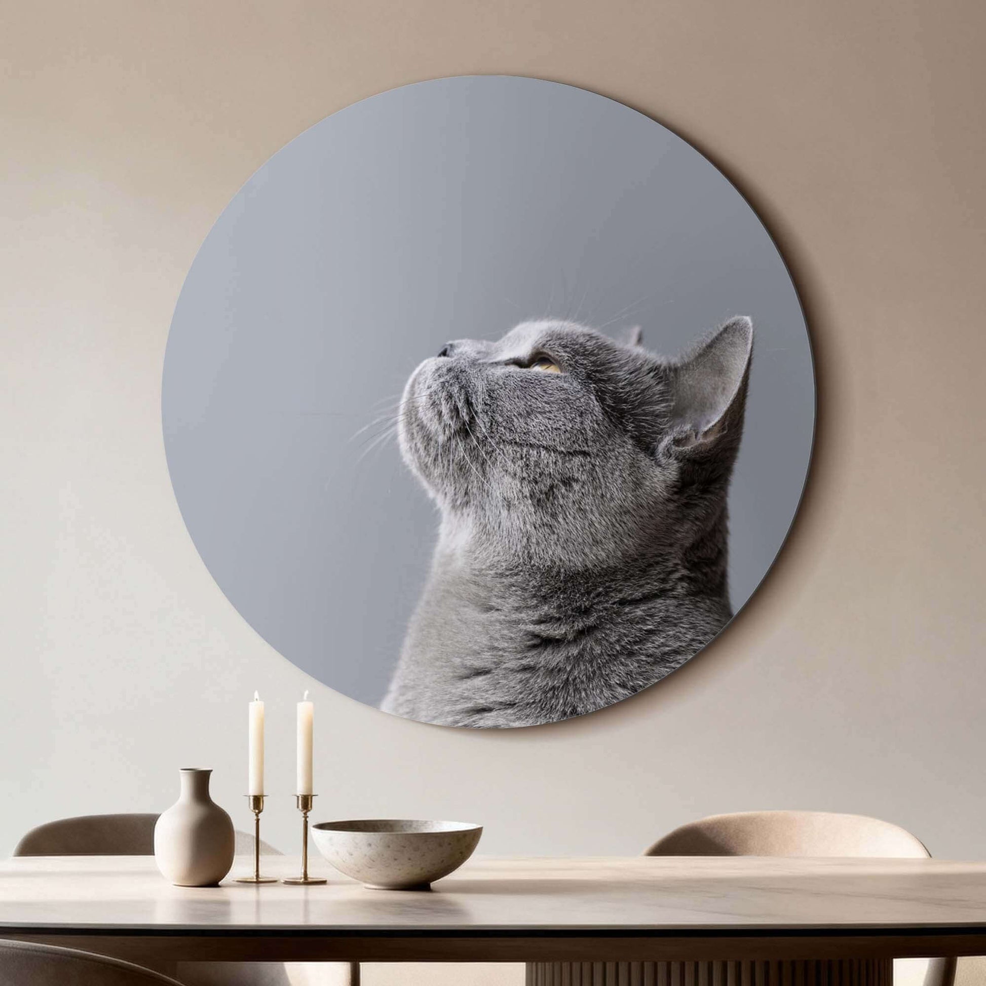 Soft Focus – Muurcirkel van een grijze kat in zachte grijstinten, ontworpen voor subtiel elegant design.