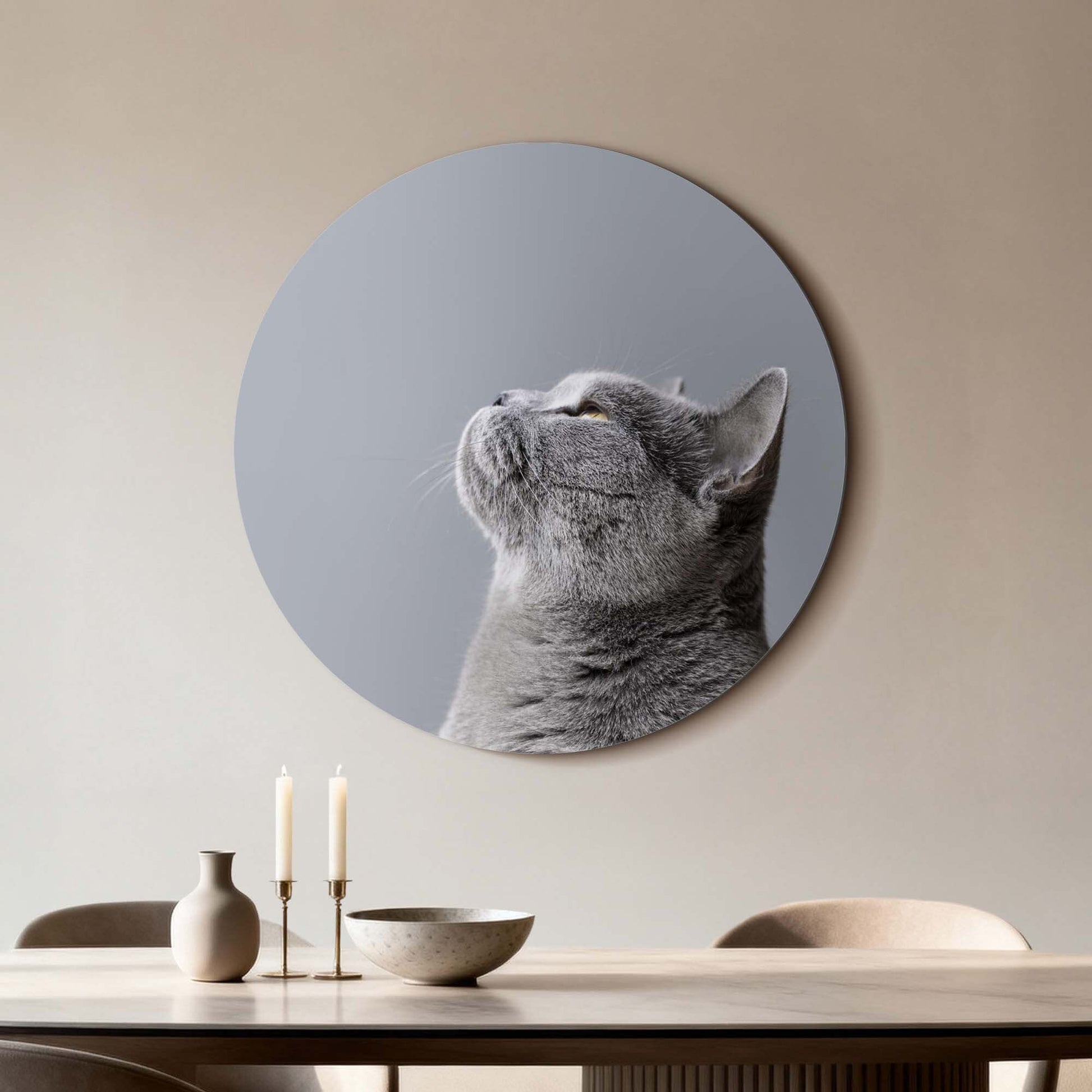 Soft Focus – Muurcirkel van een grijze kat in subtiele grijstinten, perfect voor moderne interieurinrichting.