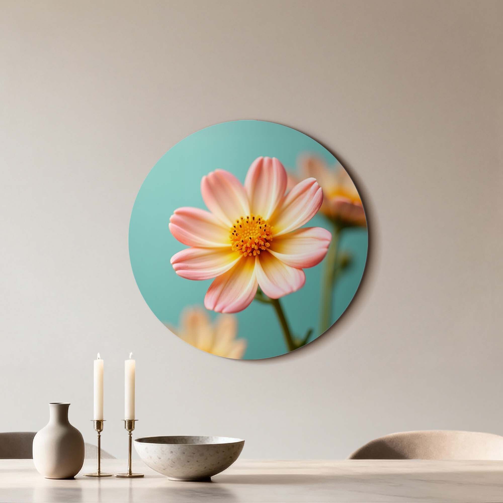 Soft Sunrise - Wandkreis mit einer zarten Blume in Pfirsich- und Gelbtönen auf türkisfarbenem Hintergrund.