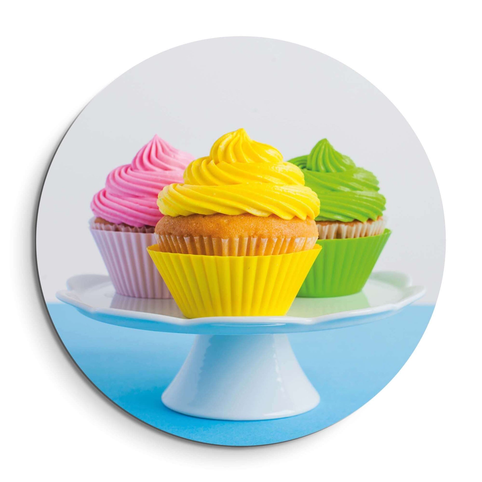 Sweet Swirl Trio - Wandkreis mit bunten Cupcakes auf einem Tablett, perfekte Wanddekoration. Wandkreis, Wandkreis Design.
