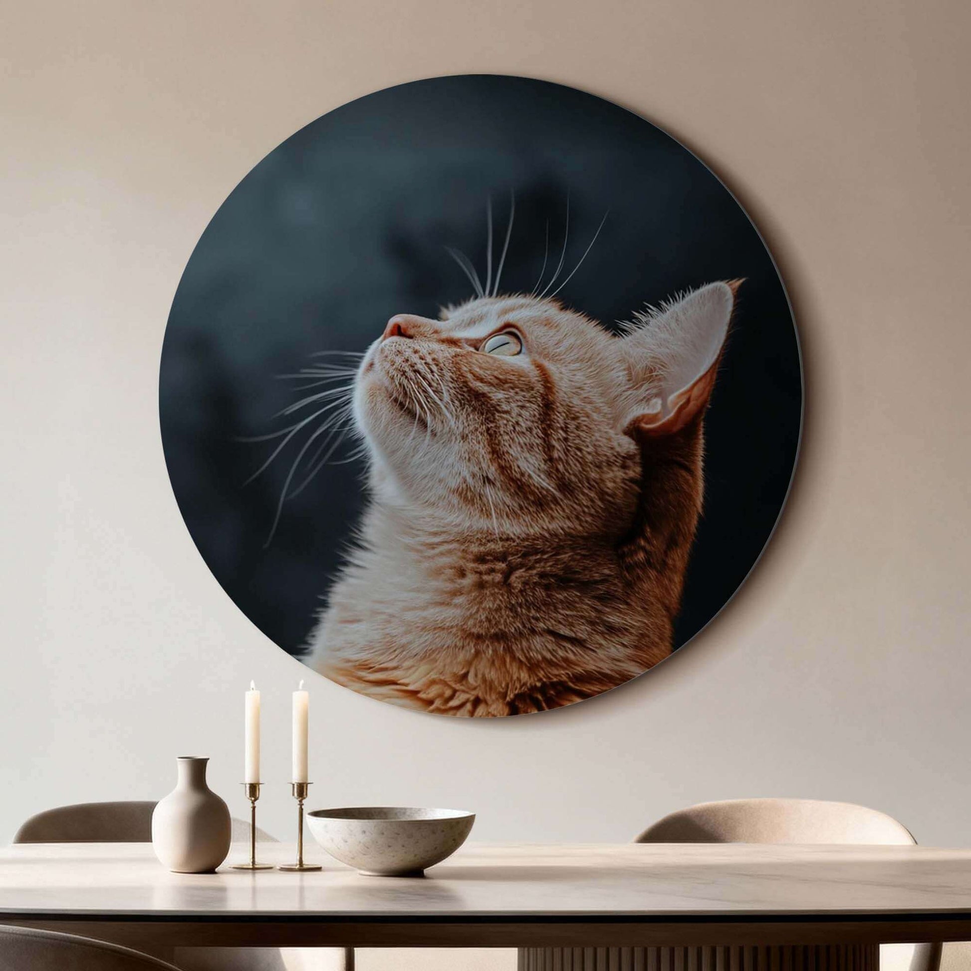 Velvet Gaze – Muurcirkel, elegante kat op een donkere achtergrond, perfecte muurcirkel voor moderne interieurs.