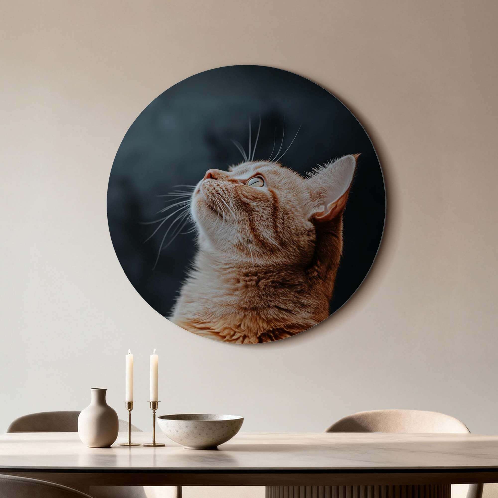 Velvet Gaze – Muurcirkel met een kat op een fluweelzachte achtergrond, stijlvol en modern.