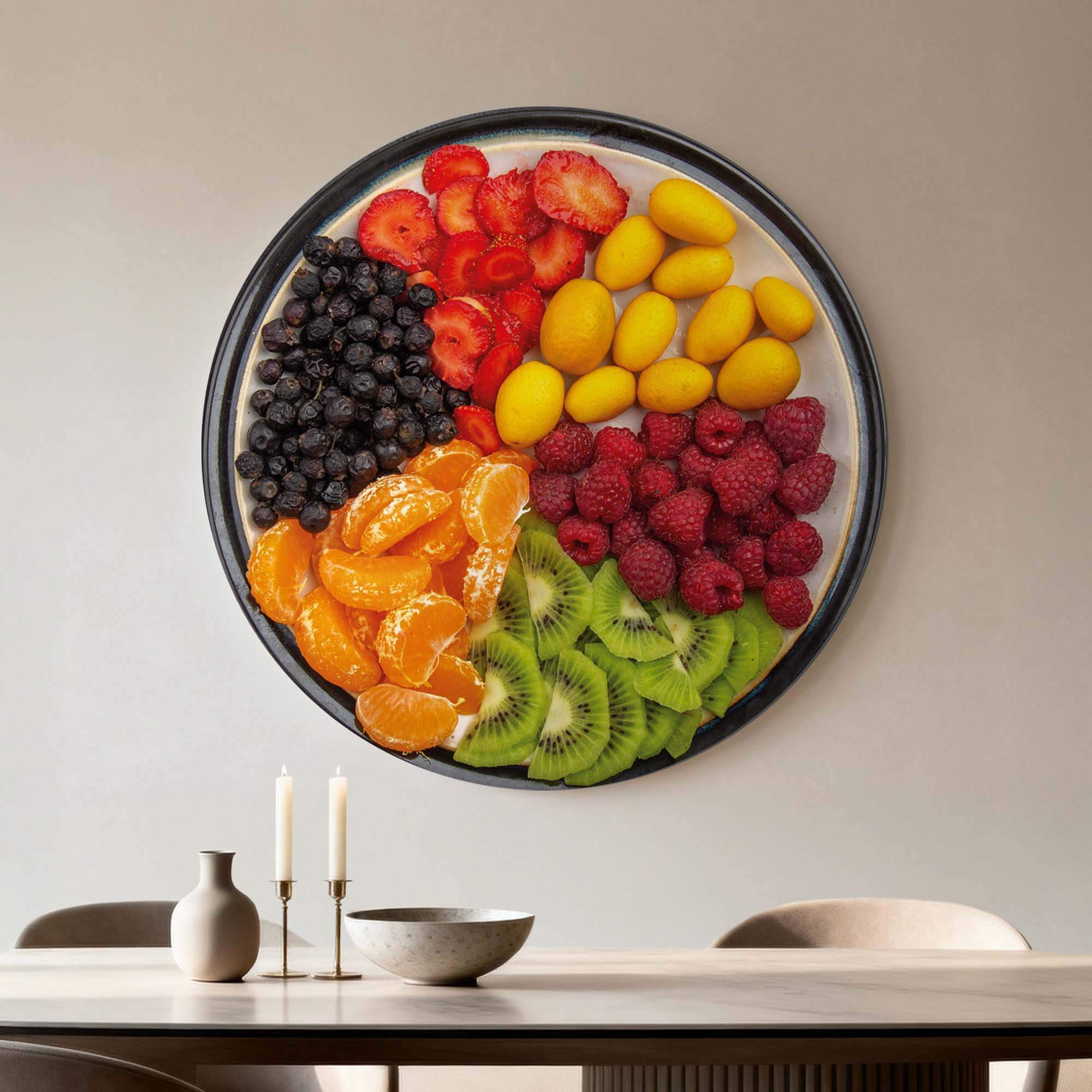 Vibrant Fruit Medley - Muurcirkel met kleurrijk zomerfruit, wandcirkel in keuken of eethoek, Muurcirkels als levendige eyecatcher.
