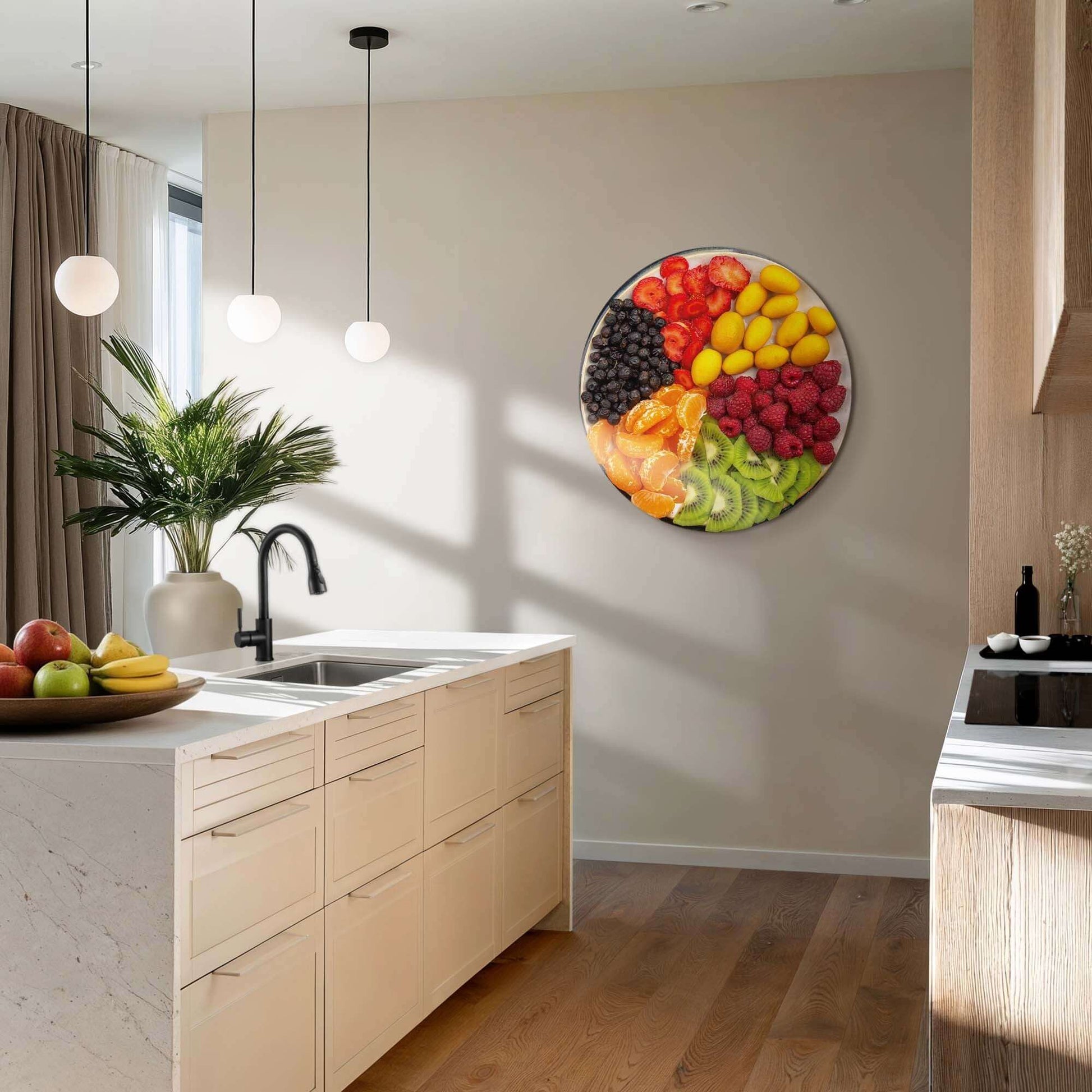 Vibrant Fruit Medley - Wandkreis in moderner Küche, farbenfroher Wandkreis, der jedem Raum Energie verleiht. Perfekt für Wände.