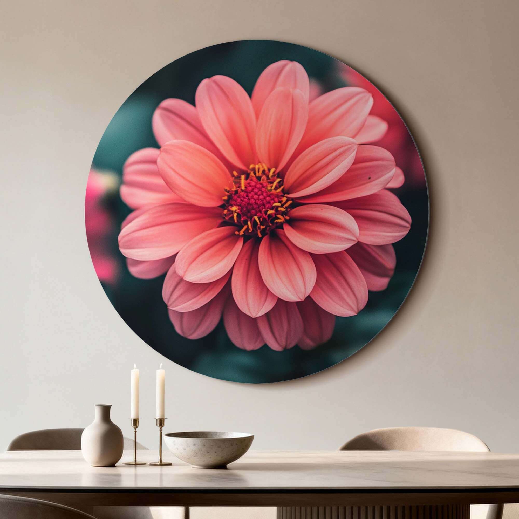 Sunset Dahlia – Muurcirkel met warme zalmroze dahlia op groene achtergrond