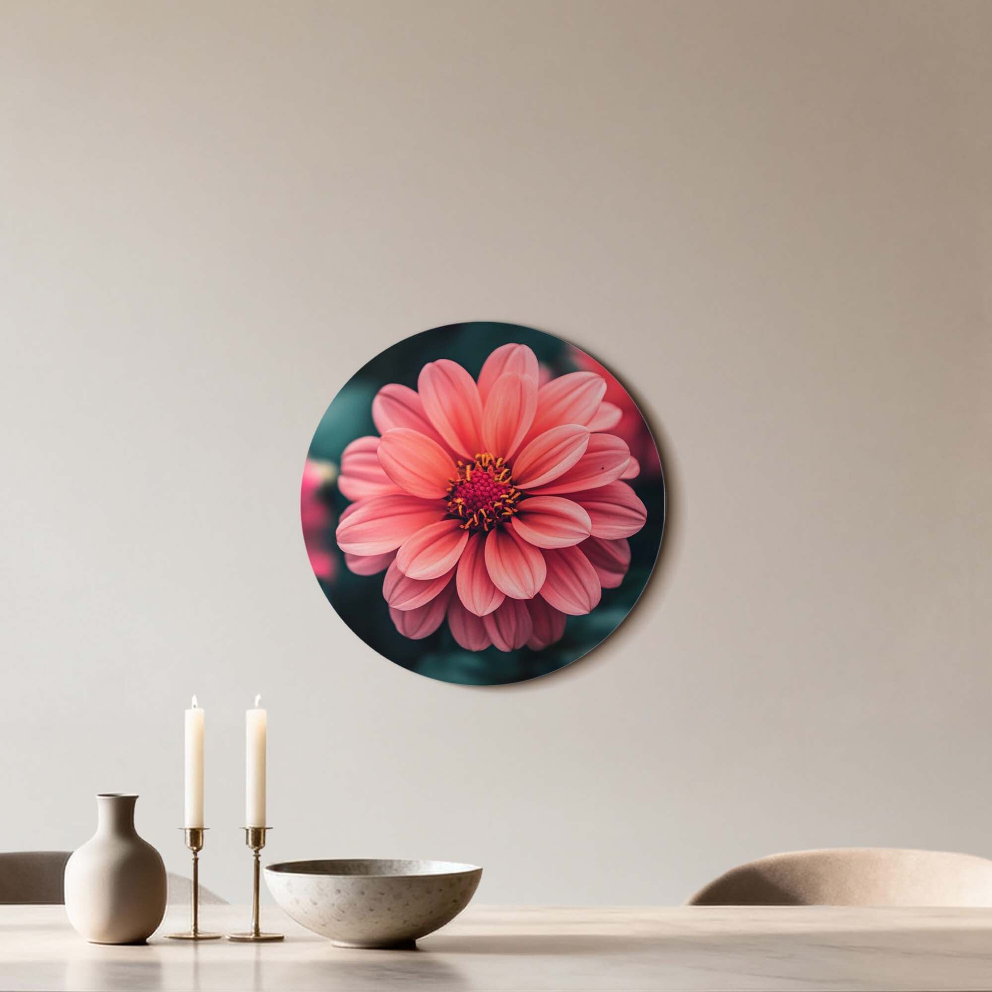 Sunset Dahlia – Muurcirkel op een muur met een zalmroze bloem en groene achtergrond. Vibes van natuurlijke elegantie.