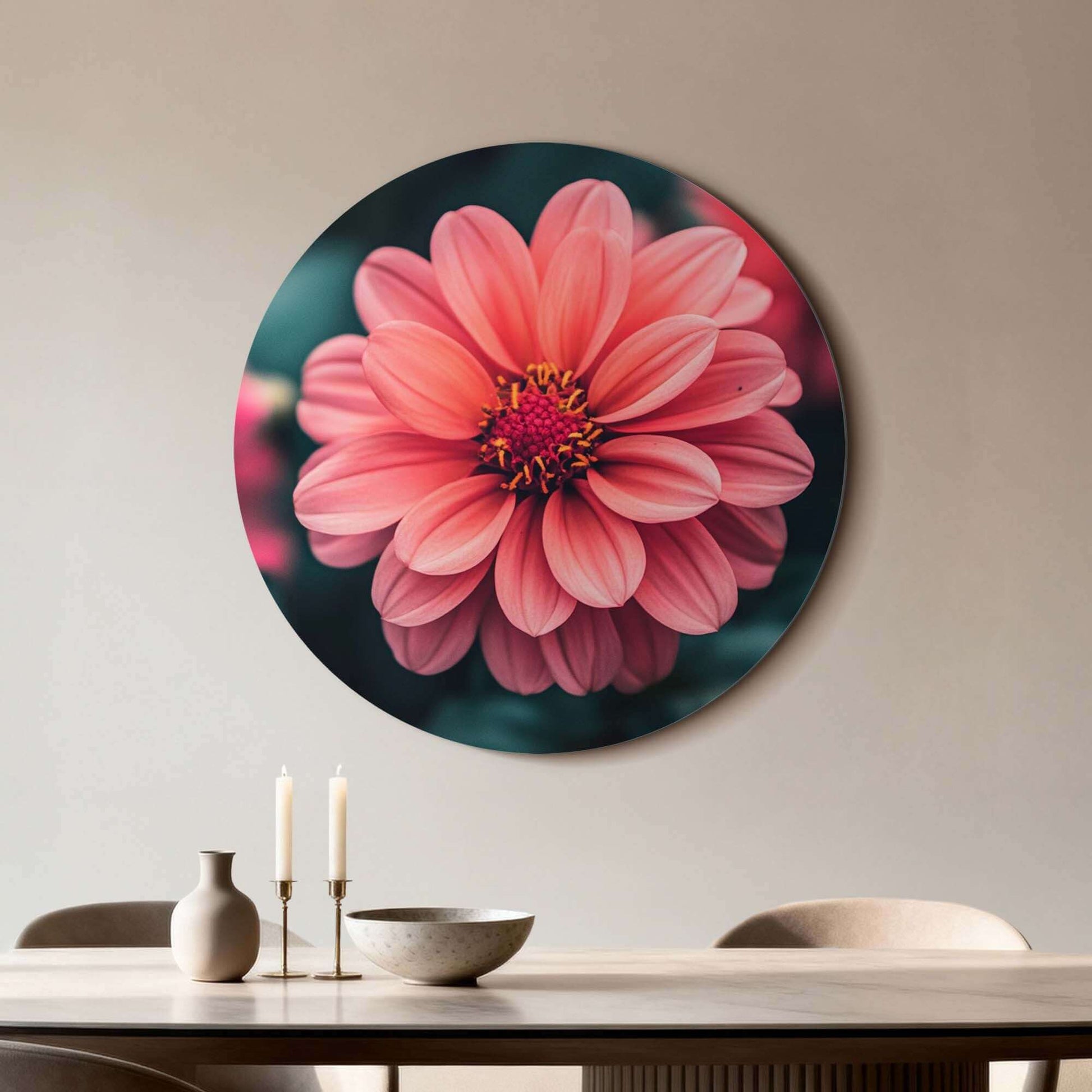 Sunset Dahlia – Muurcirkel op een groene achtergrond, benadrukt natuurlijke elegantie in interieur.