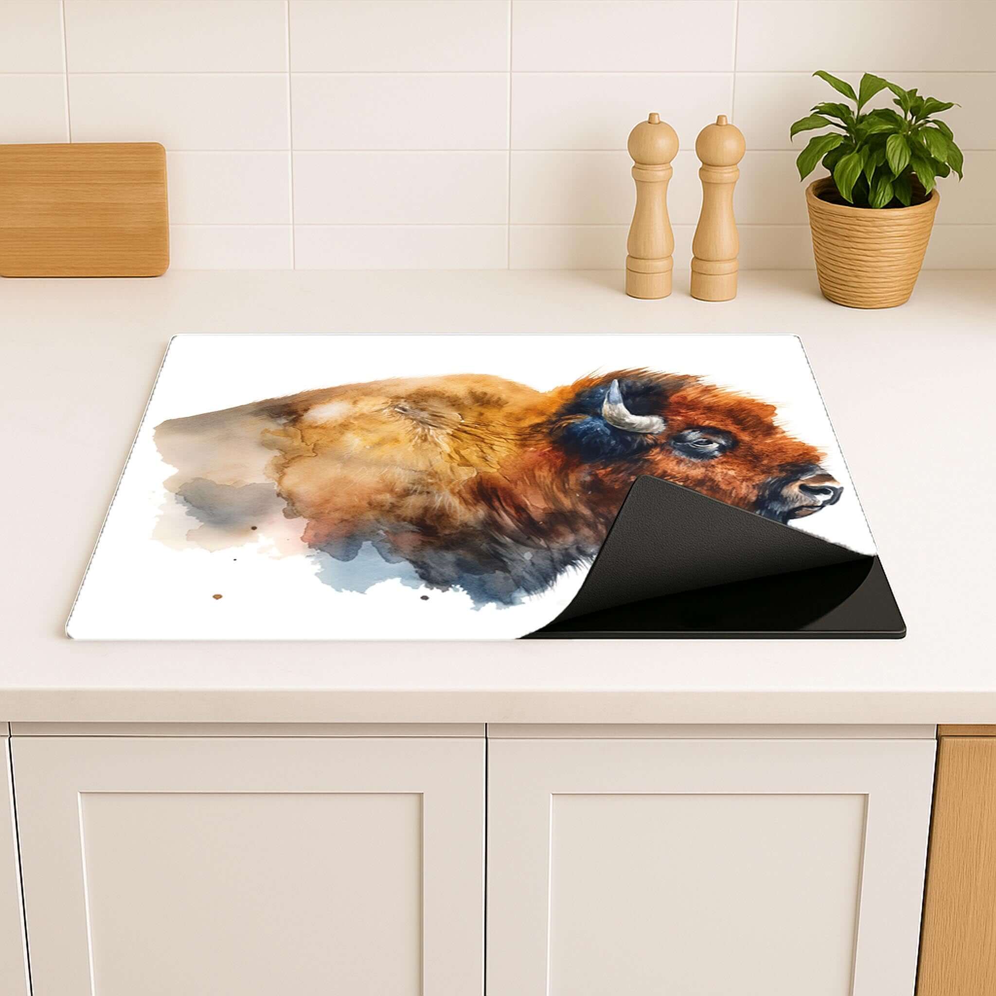 Close-up van de vinyl inductiebeschermer met bizon design
