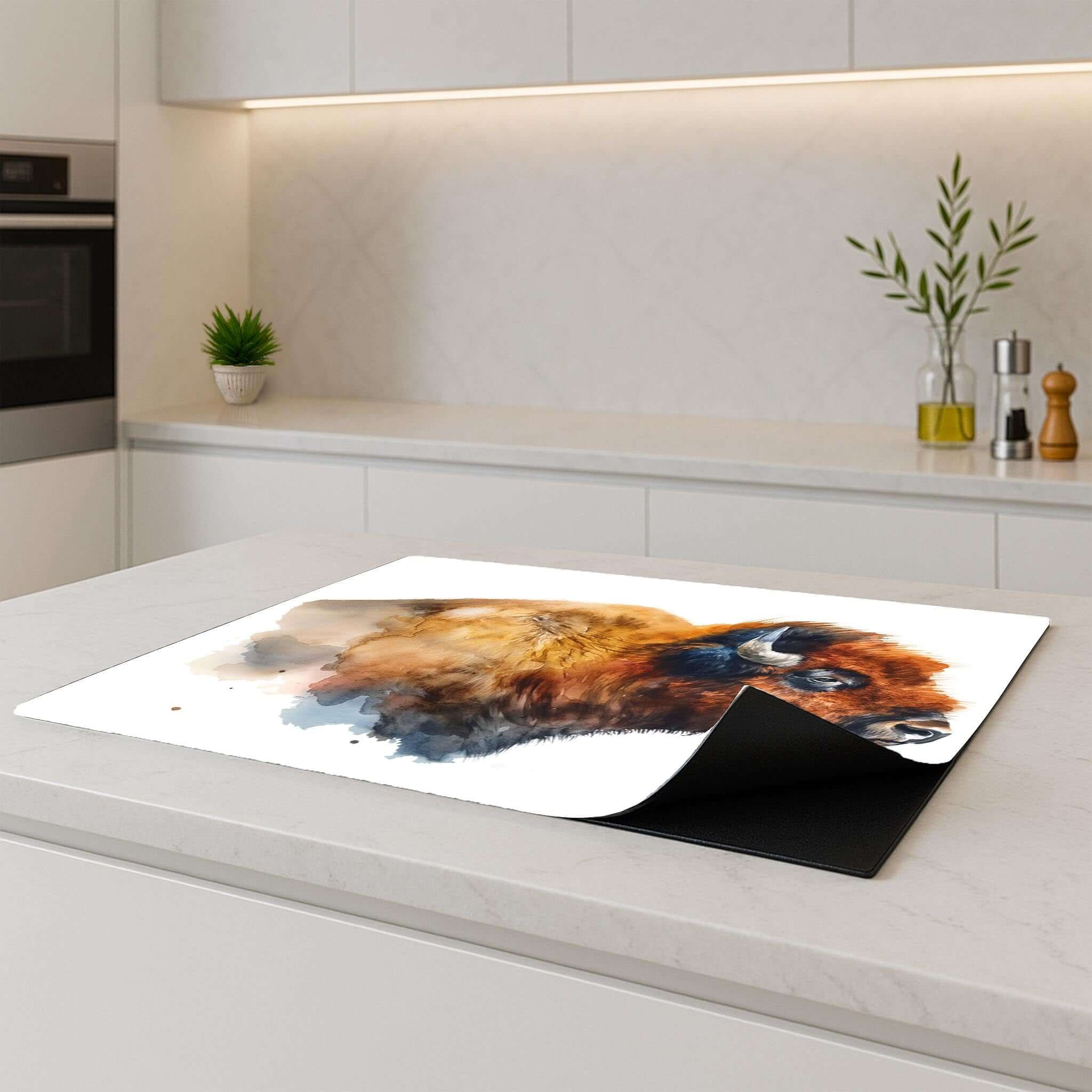 Inductiebeschermer met bizonprint op een inductieplaat