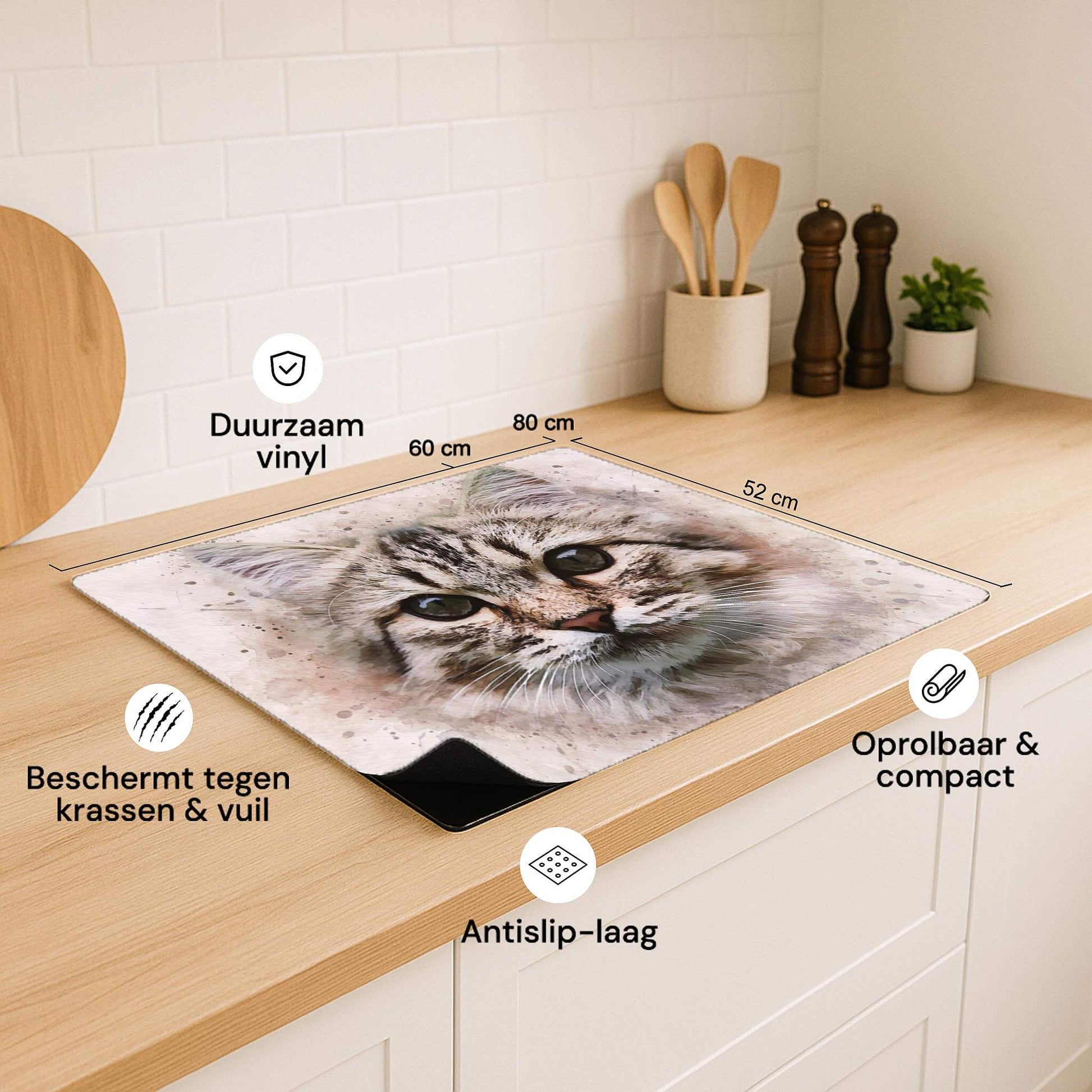 Inductiebeschermer met kattenportret en icoontjes voor duurzaam vinyl, antislip en bescherming tegen krassen
