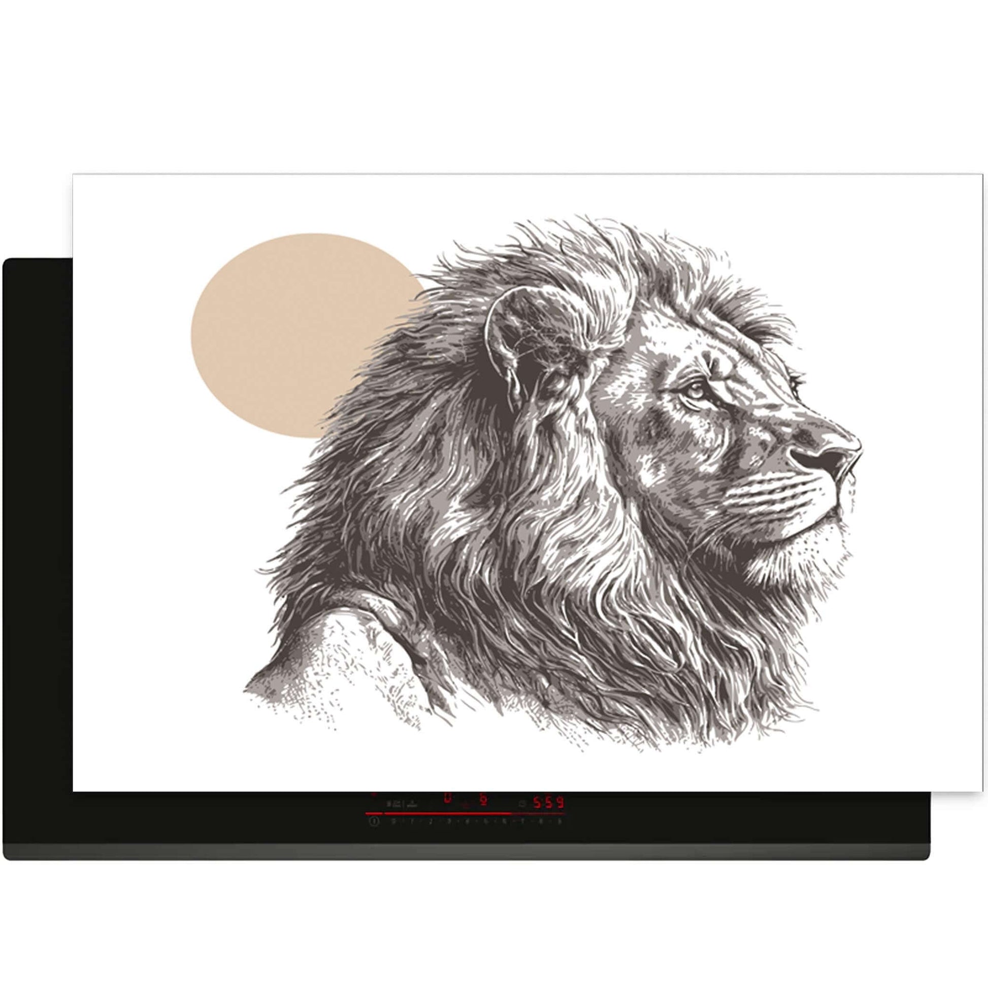 Artistieke inductie beschermer met zwart-witte leeuwenkop en beige zon