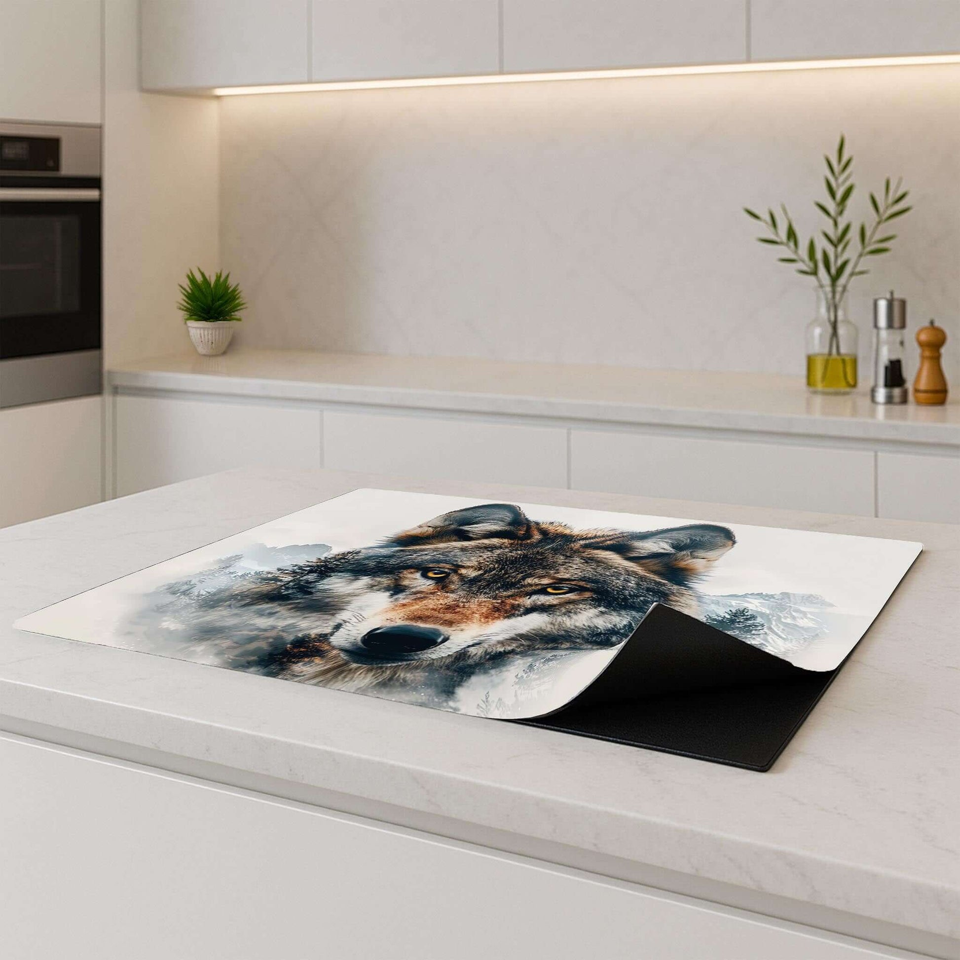 Inductiebeschermer met wolf op een keukenblad, Majestic Wolf design in een moderne keuken